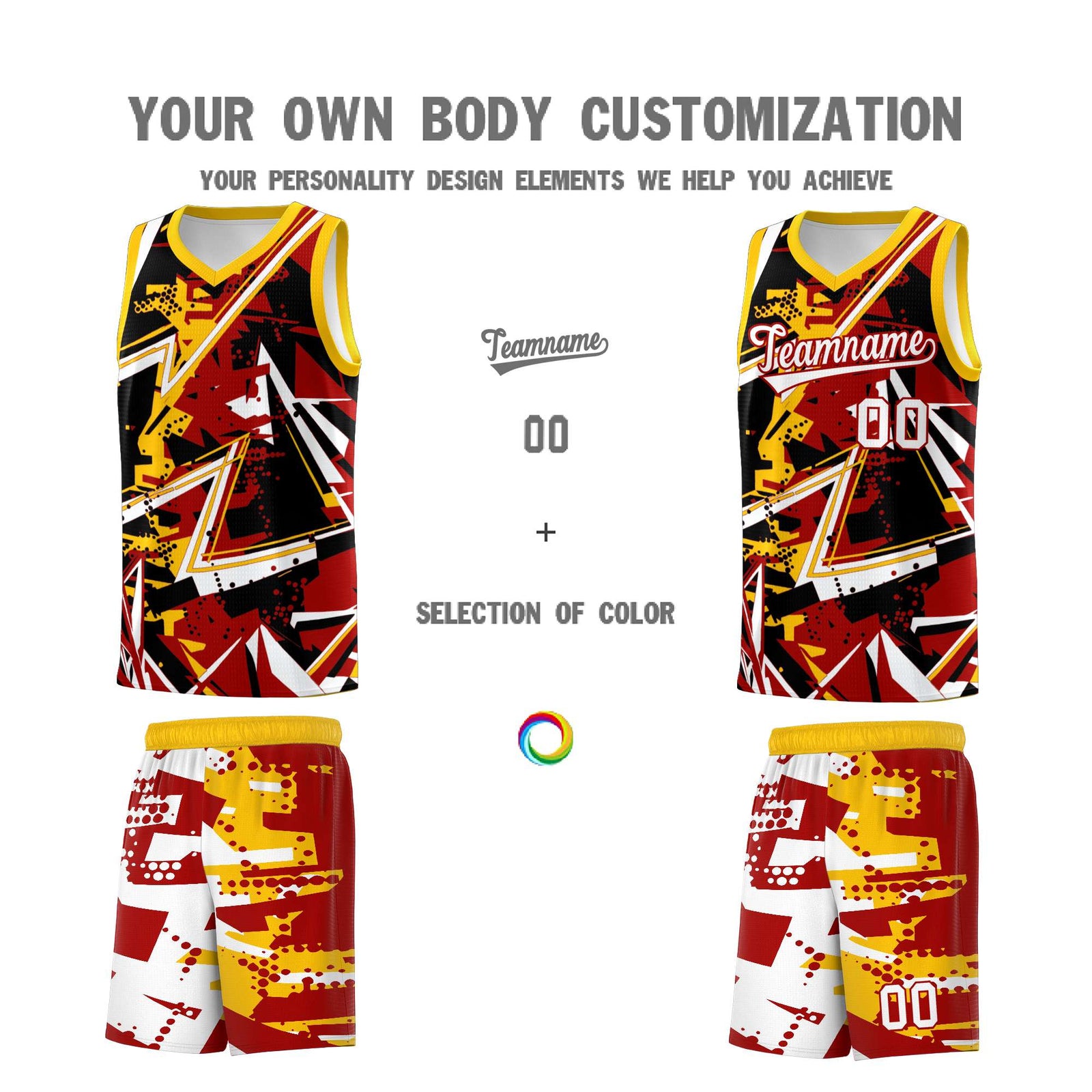 Custom Youth Basketball Jerseys Red Yellow Abstract Graffiti Personalized Street Style Uniform