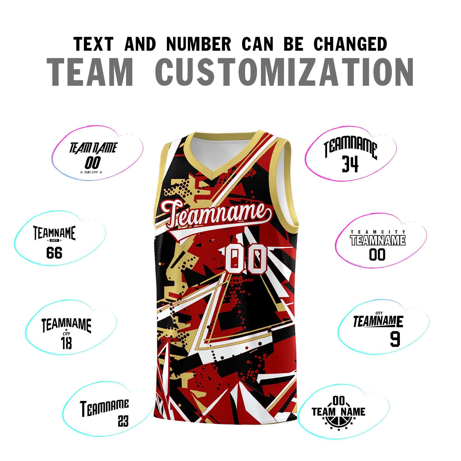 Custom Youth Basketball Jerseys Red Old Gold Abstract Graffiti Personalized Team Name & Number