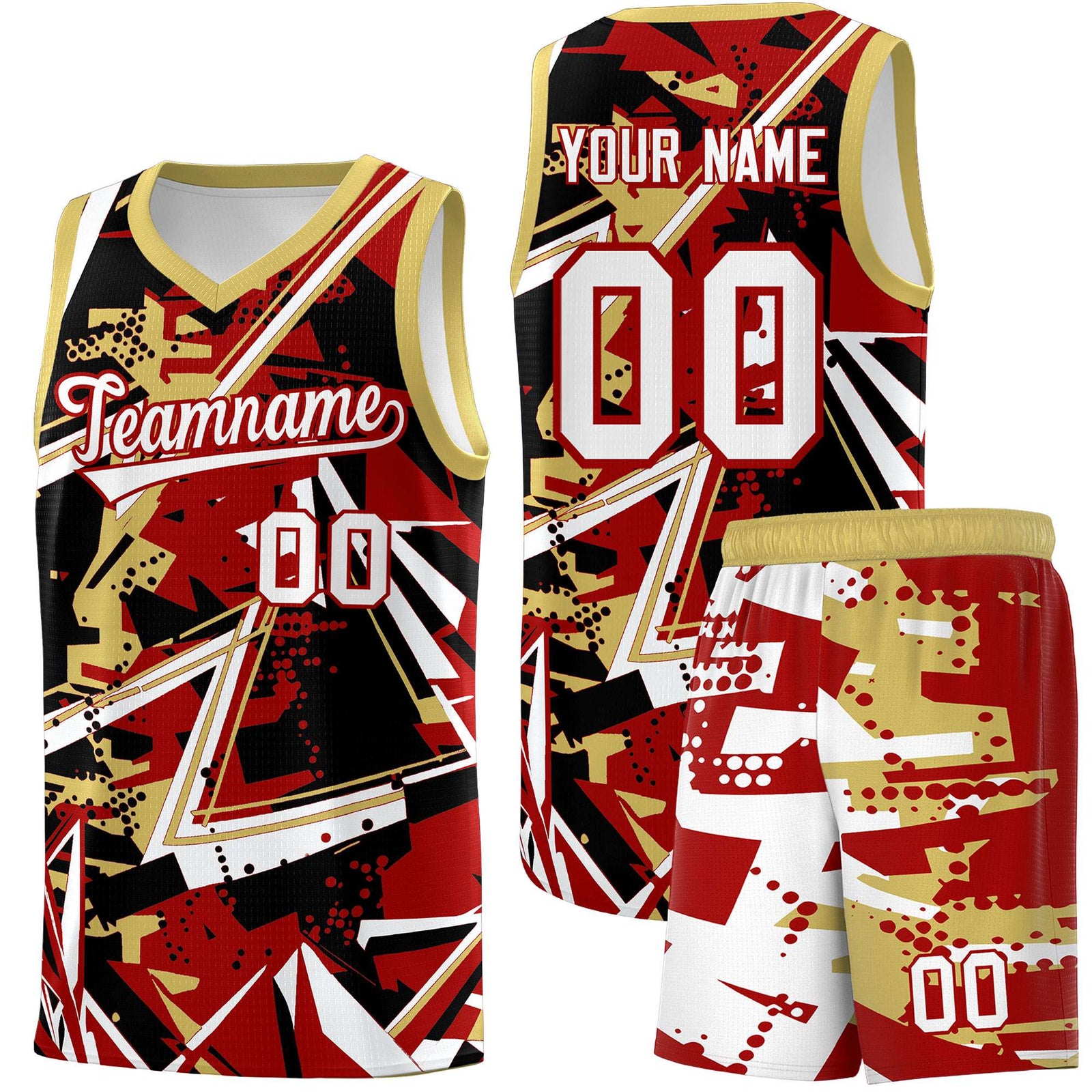 Custom Youth Basketball Jerseys Red Old Gold Abstract Graffiti Personalized Team Name & Number
