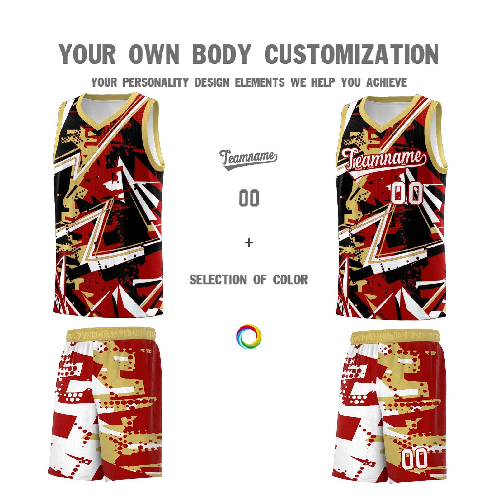 Custom Youth Basketball Jerseys Red Old Gold Abstract Graffiti Personalized Team Name & Number