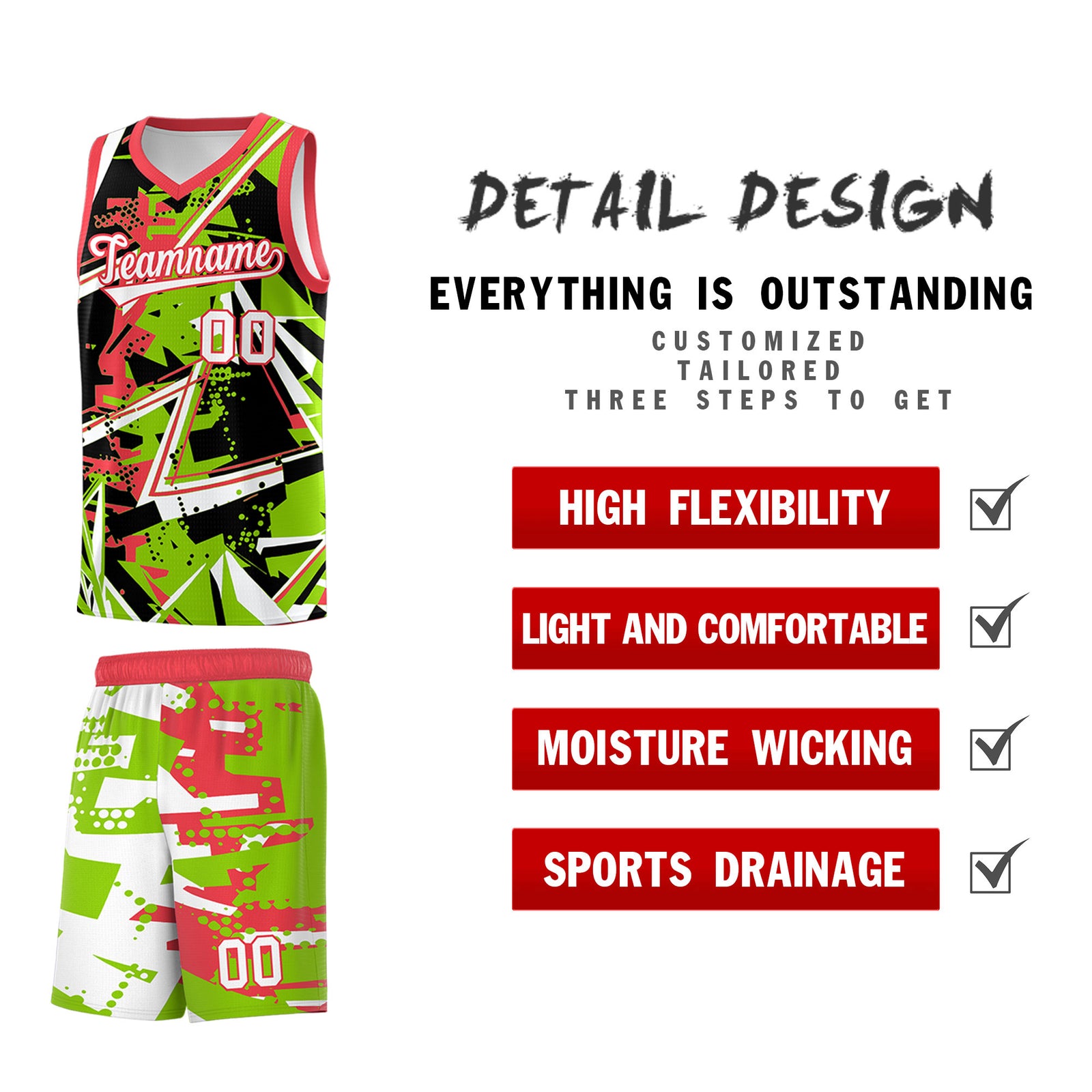 Custom Youth Basketball Jerseys Neon Green Light Red Abstract Graffiti Personalized Street Style Uniform