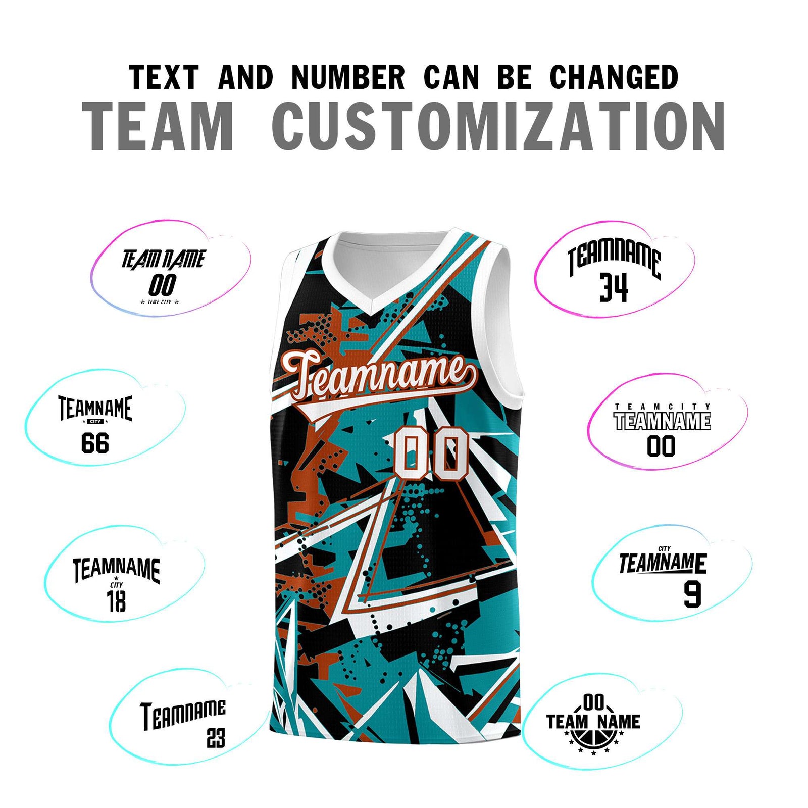 Custom Youth Basketball Jerseys Teal Dark Orange Abstract Graffiti Personalized Street Style Uniform