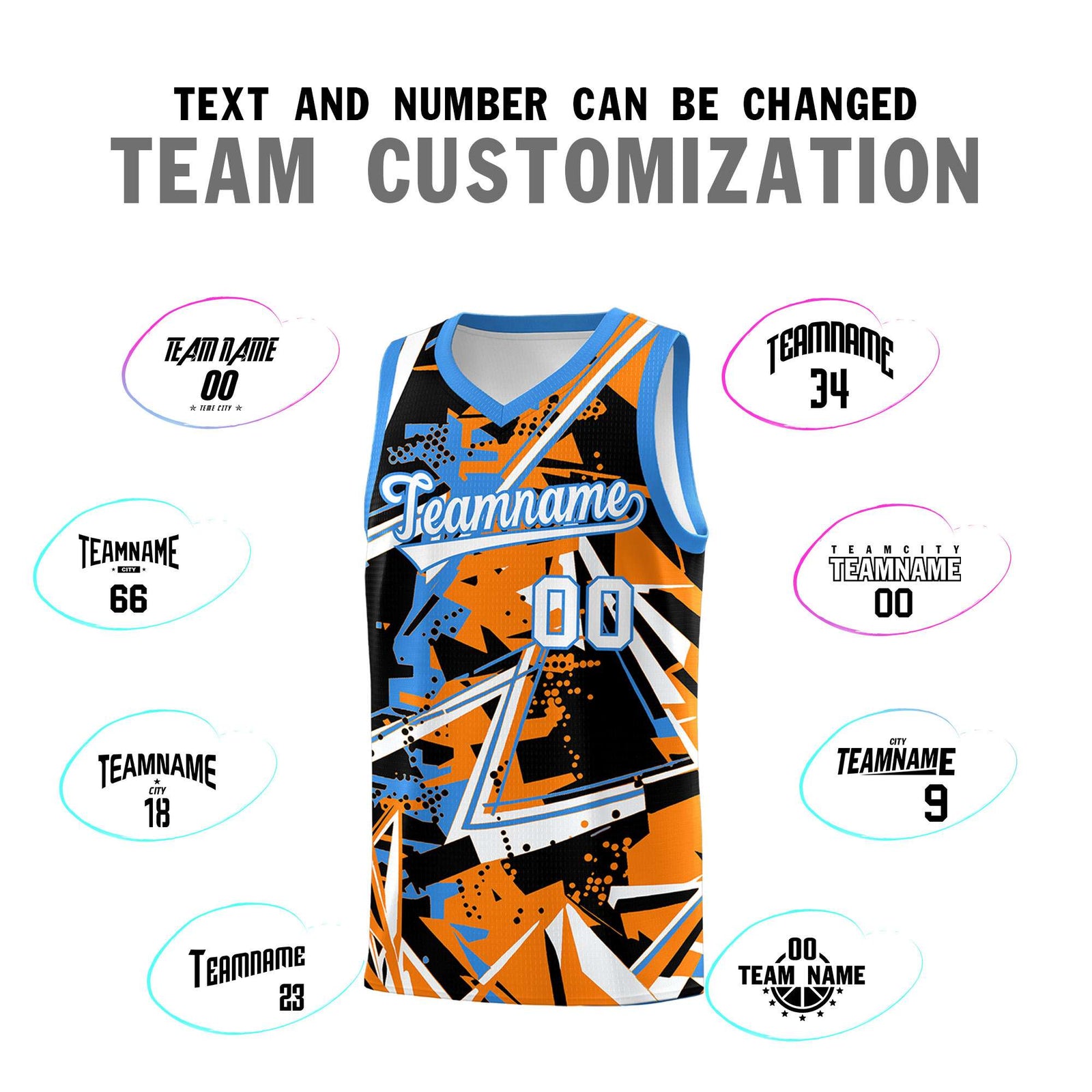 Custom Youth Basketball Jerseys Orange Light Blue Abstract Graffiti Personalized Street Style Uniform