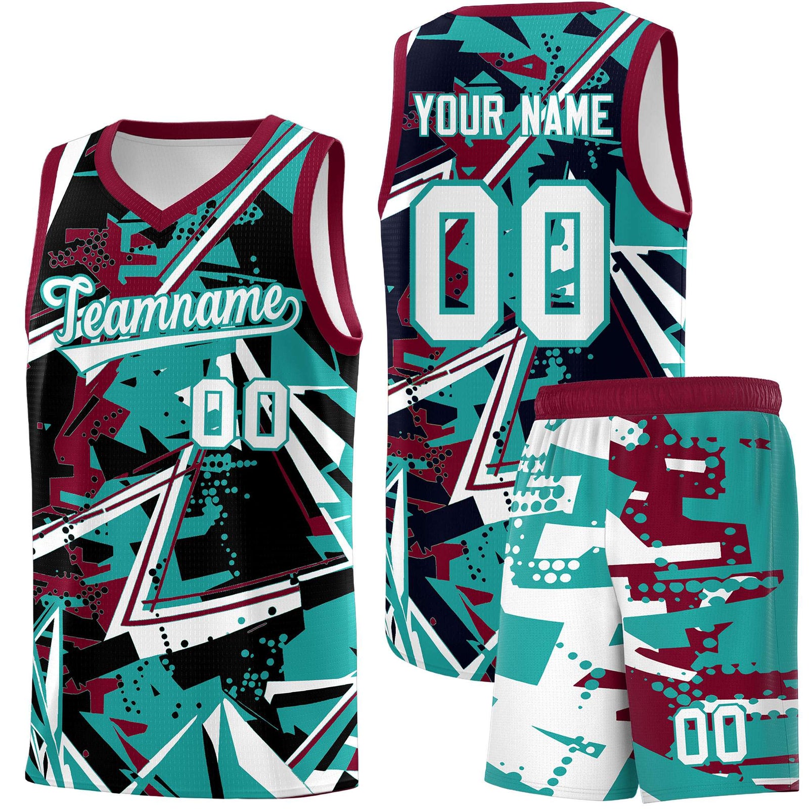 Custom Youth Basketball Jerseys Teal Crimson Abstract Graffiti Personalized Team Name & Number