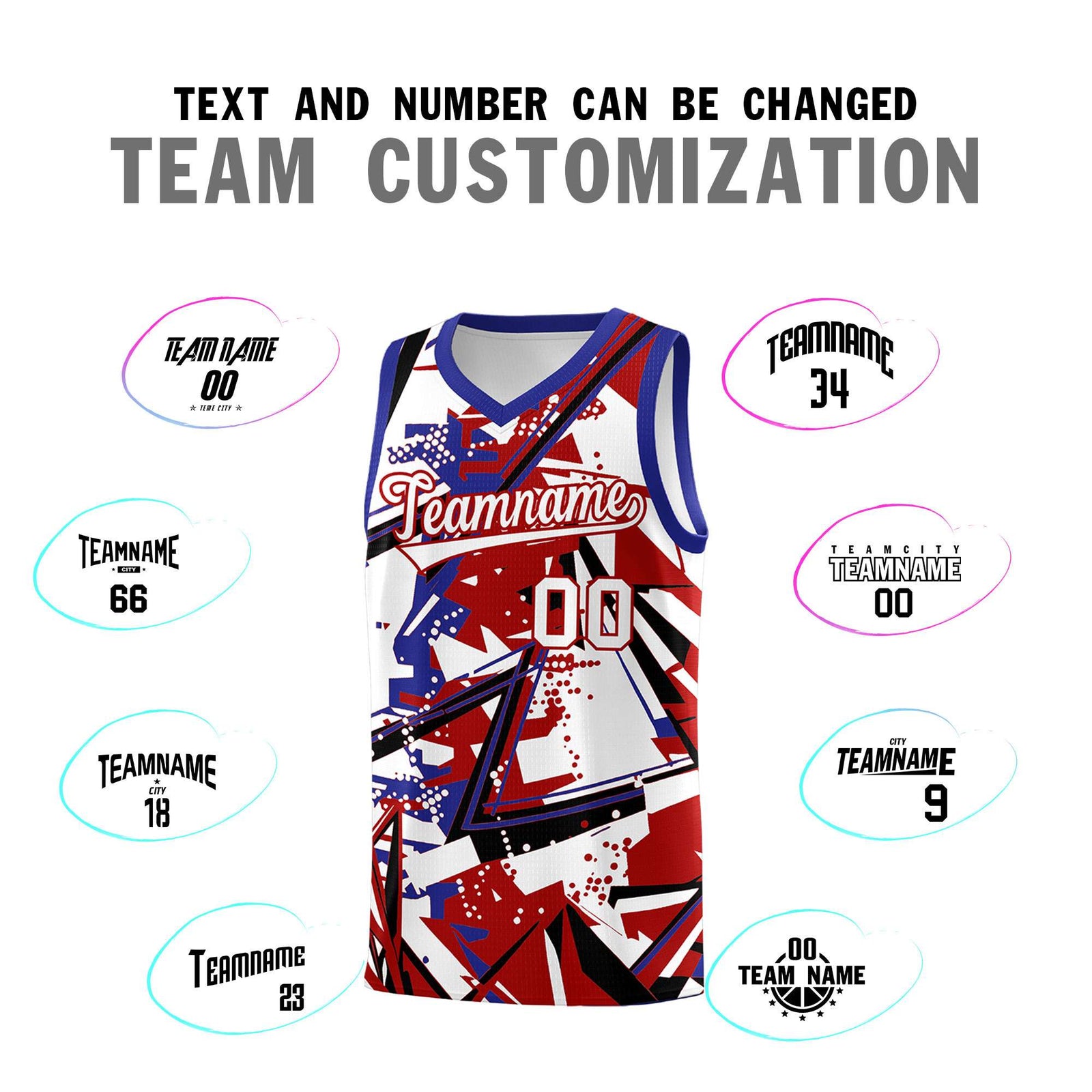 Custom Youth Basketball Jerseys Red Royal Abstract Graffiti Personalized Street Style Uniform