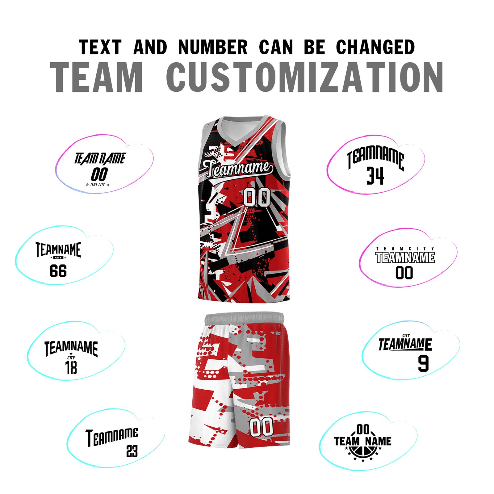 Custom Youth Basketball Jerseys Red Gray Abstract Graffiti Personalized Team Name & Number