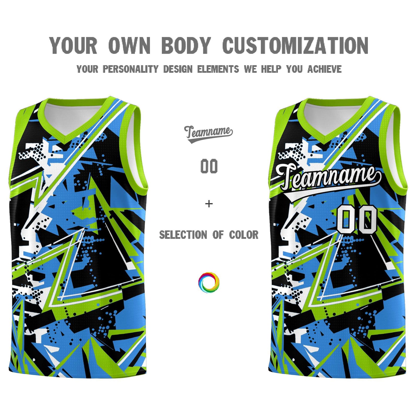 Custom Youth Basketball Jerseys Light Blue Neon Green Abstract Graffiti Personalized Street Style Uniform