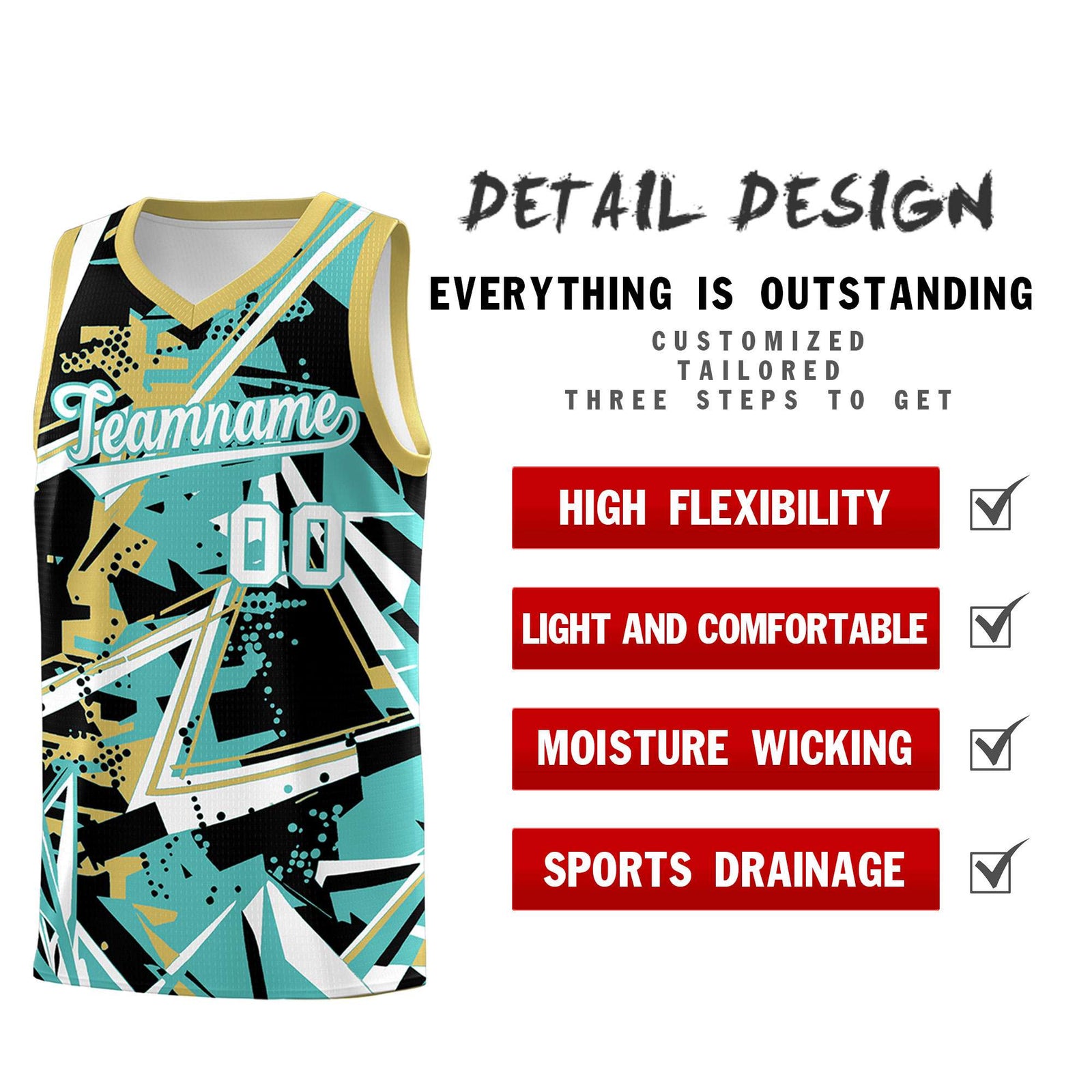 Custom Youth Basketball Jerseys Teal Old Gold Abstract Graffiti Personalized Street Style Uniform