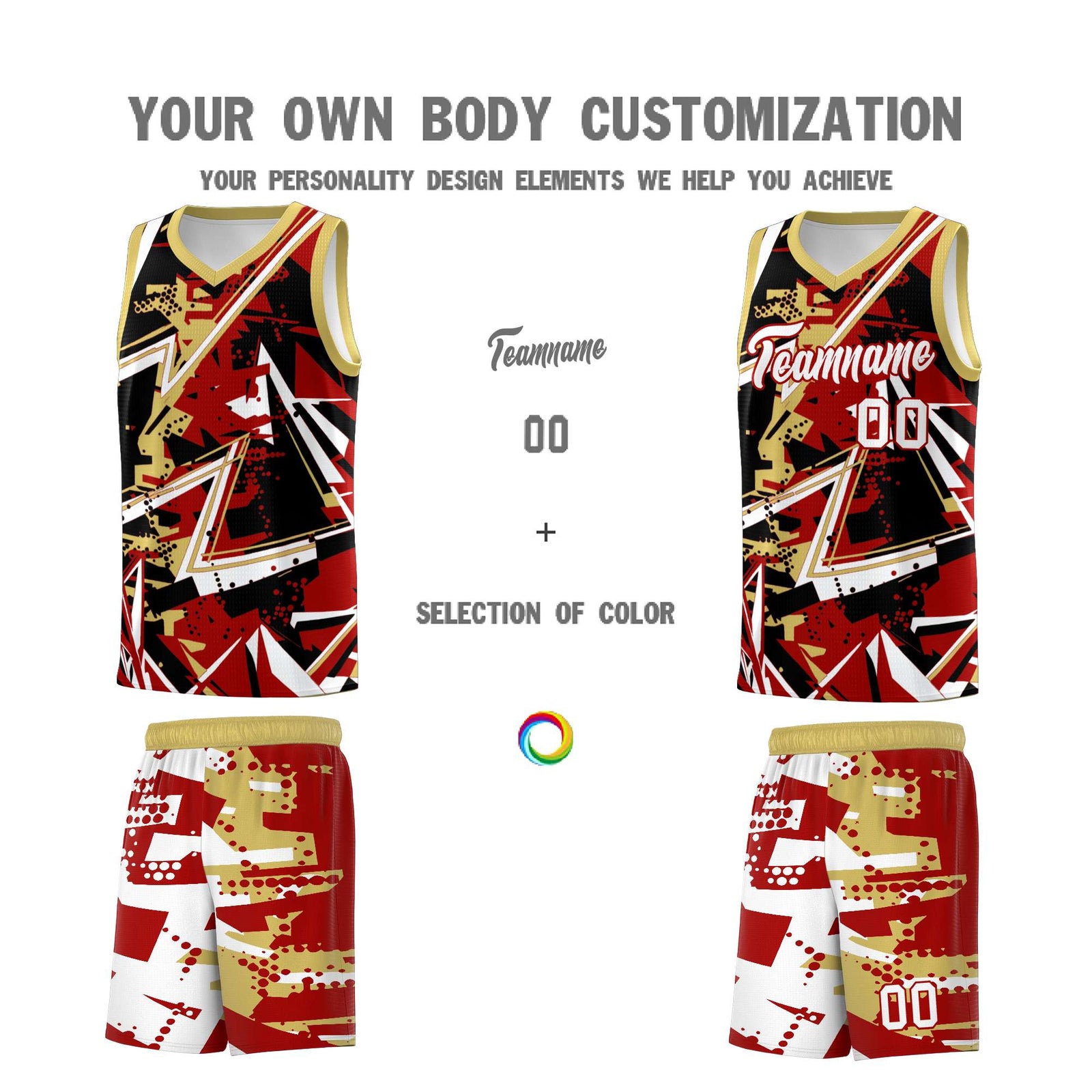 Custom Youth Basketball Jerseys Red Old Gold Abstract Graffiti Personalized Team Name & Number