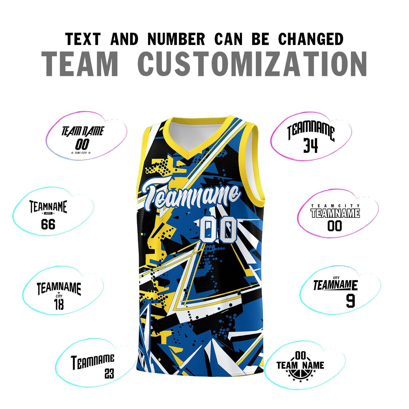 Custom Youth Basketball Jerseys Royal Gold Abstract Graffiti Personalized Team Name & Number