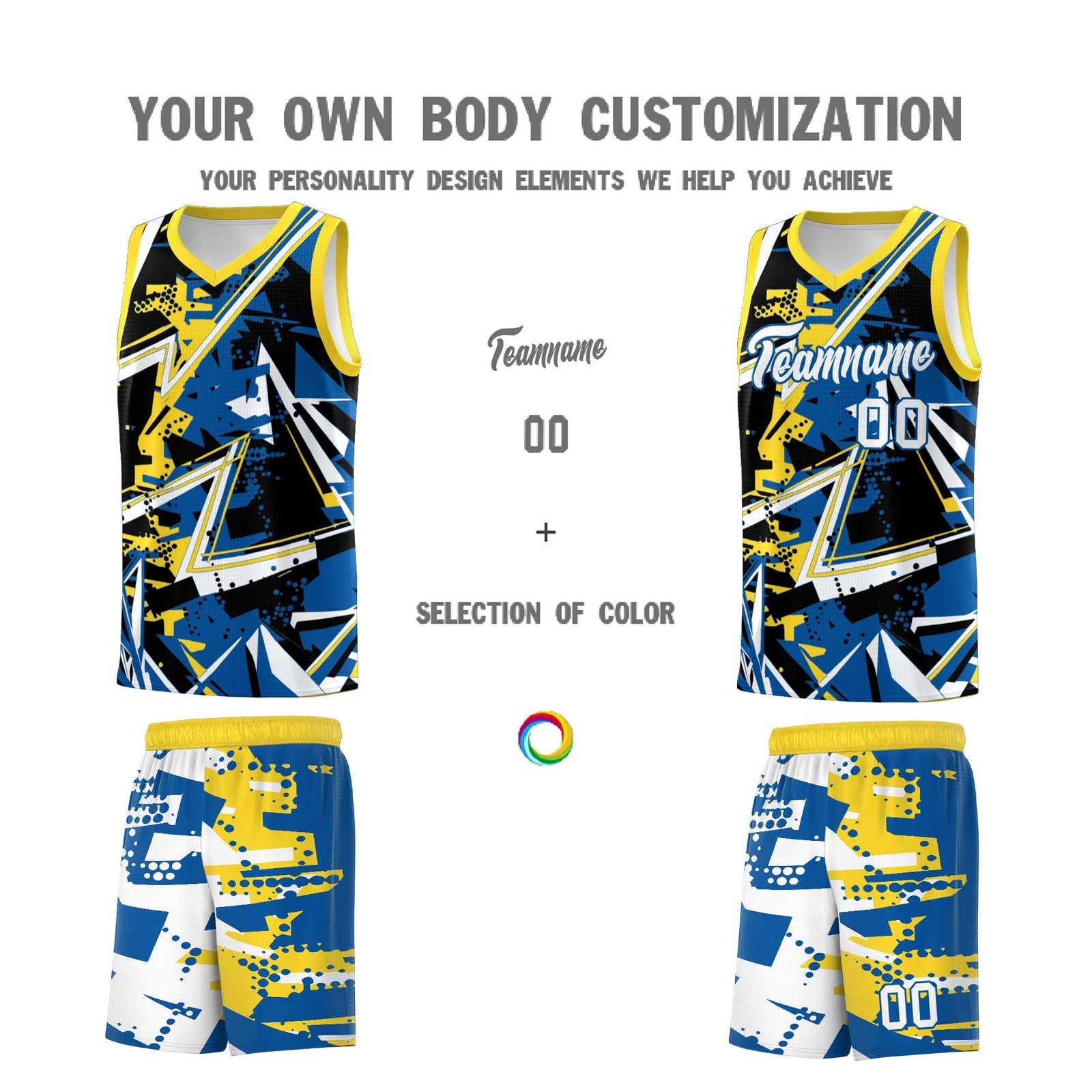 Custom Youth Basketball Jerseys Royal Gold Abstract Graffiti Personalized Team Name & Number