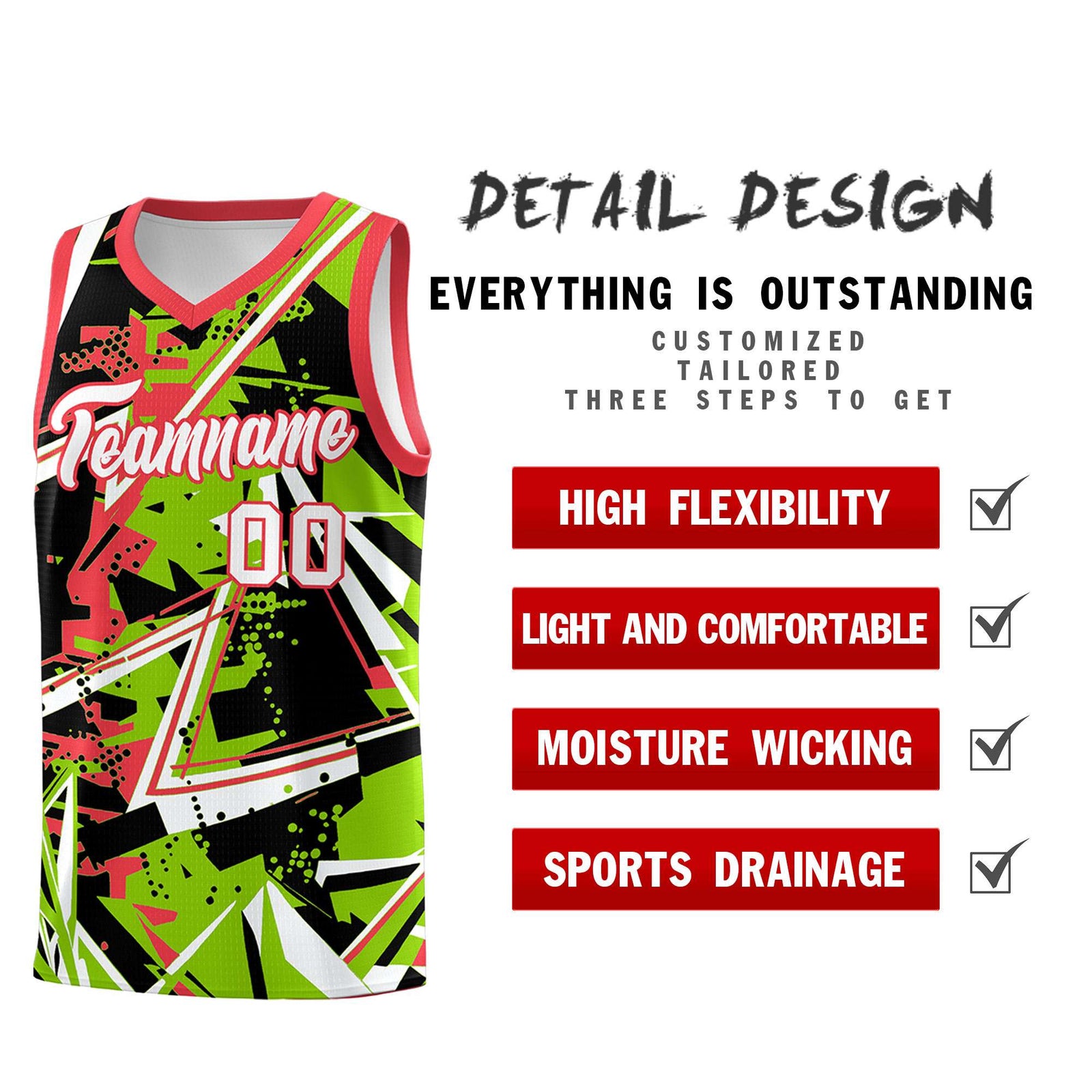 Custom Youth Basketball Jerseys Neon Green Light Red Abstract Graffiti Personalized Street Style Uniform
