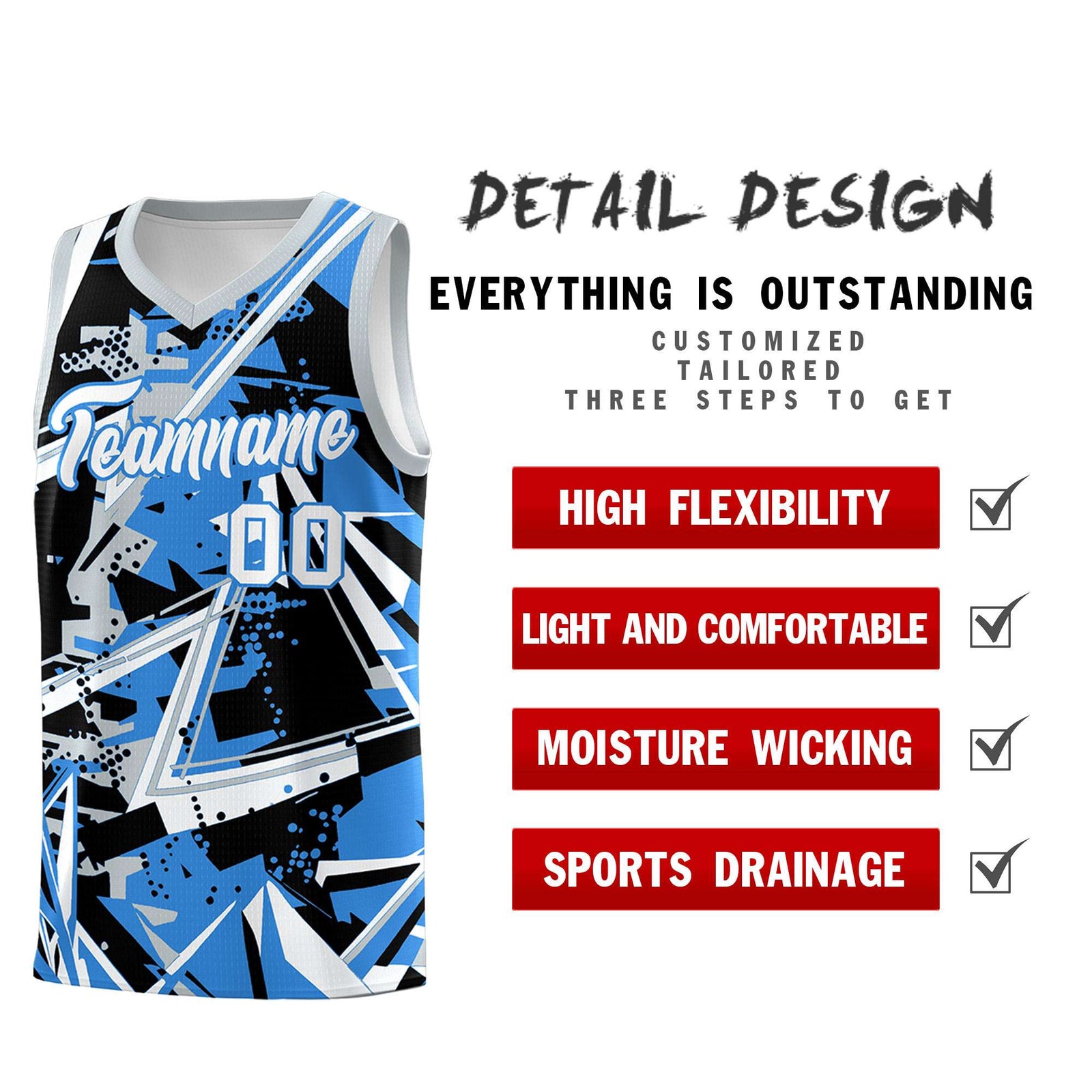 Custom Youth Basketball Jerseys Light Blue Silver Abstract Graffiti Personalized Team Name & Number