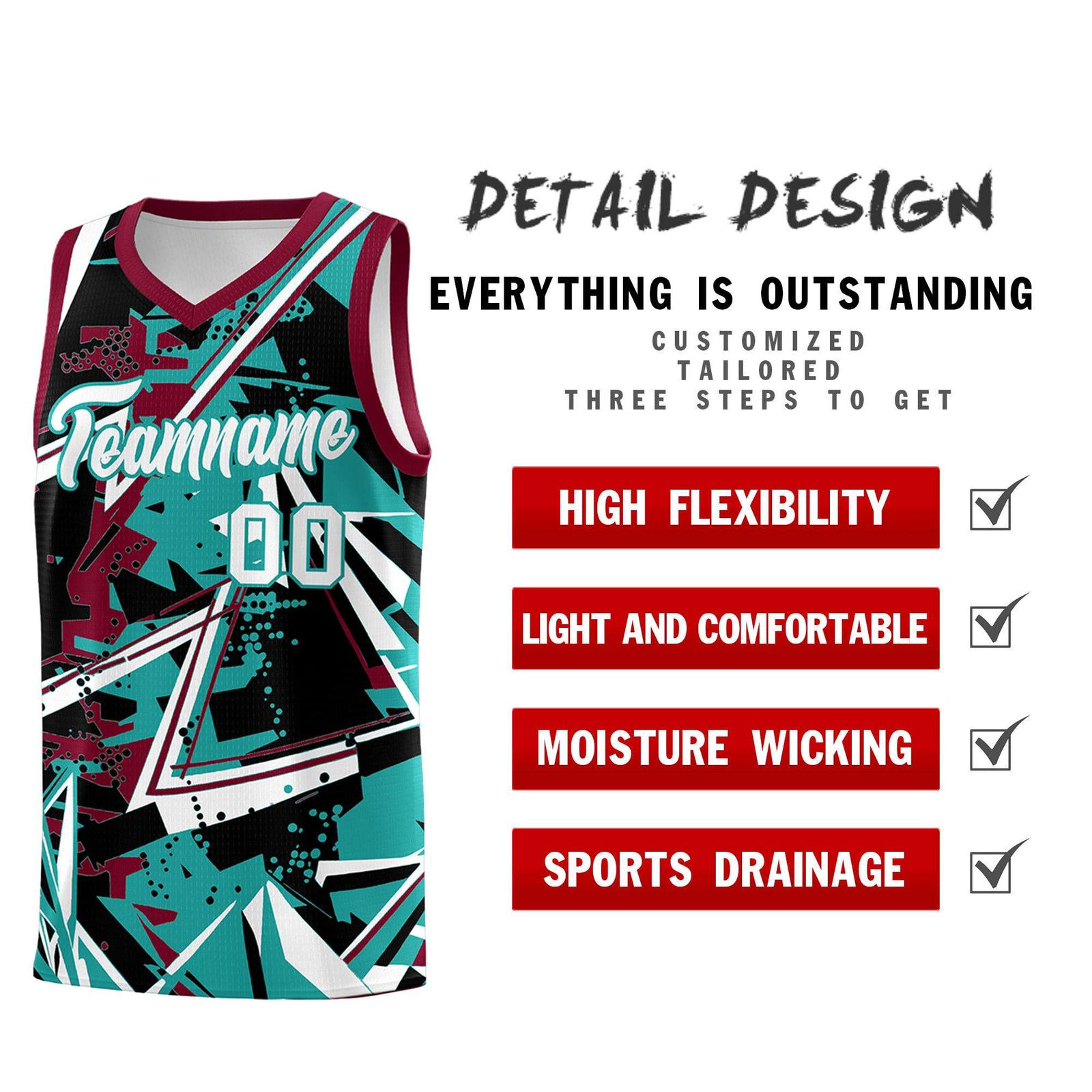 Custom Youth Basketball Jerseys Teal Crimson Abstract Graffiti Personalized Team Name & Number