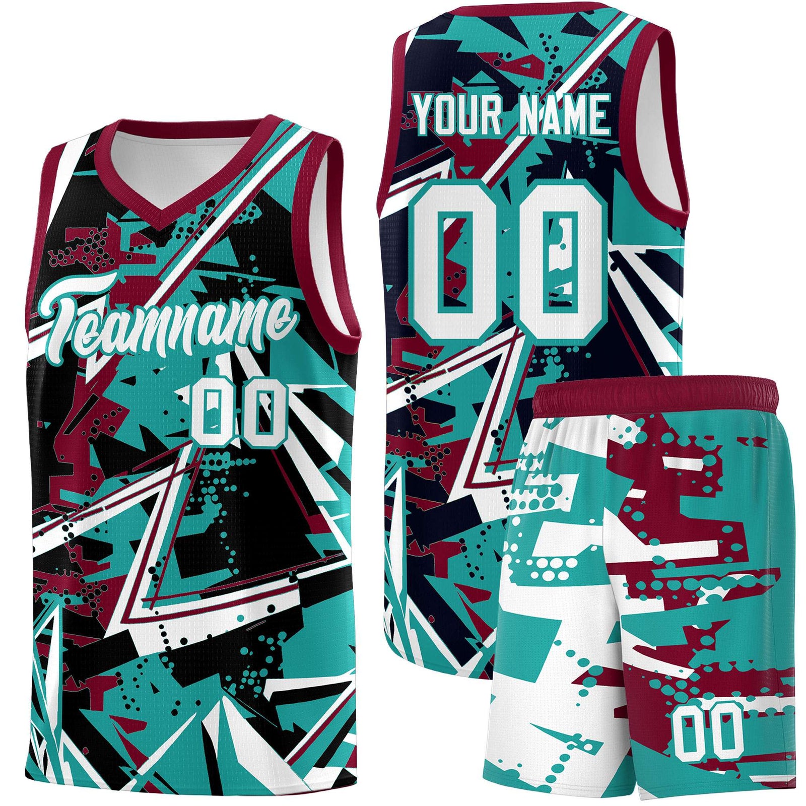 Custom Youth Basketball Jerseys Teal Crimson Abstract Graffiti Personalized Team Name & Number