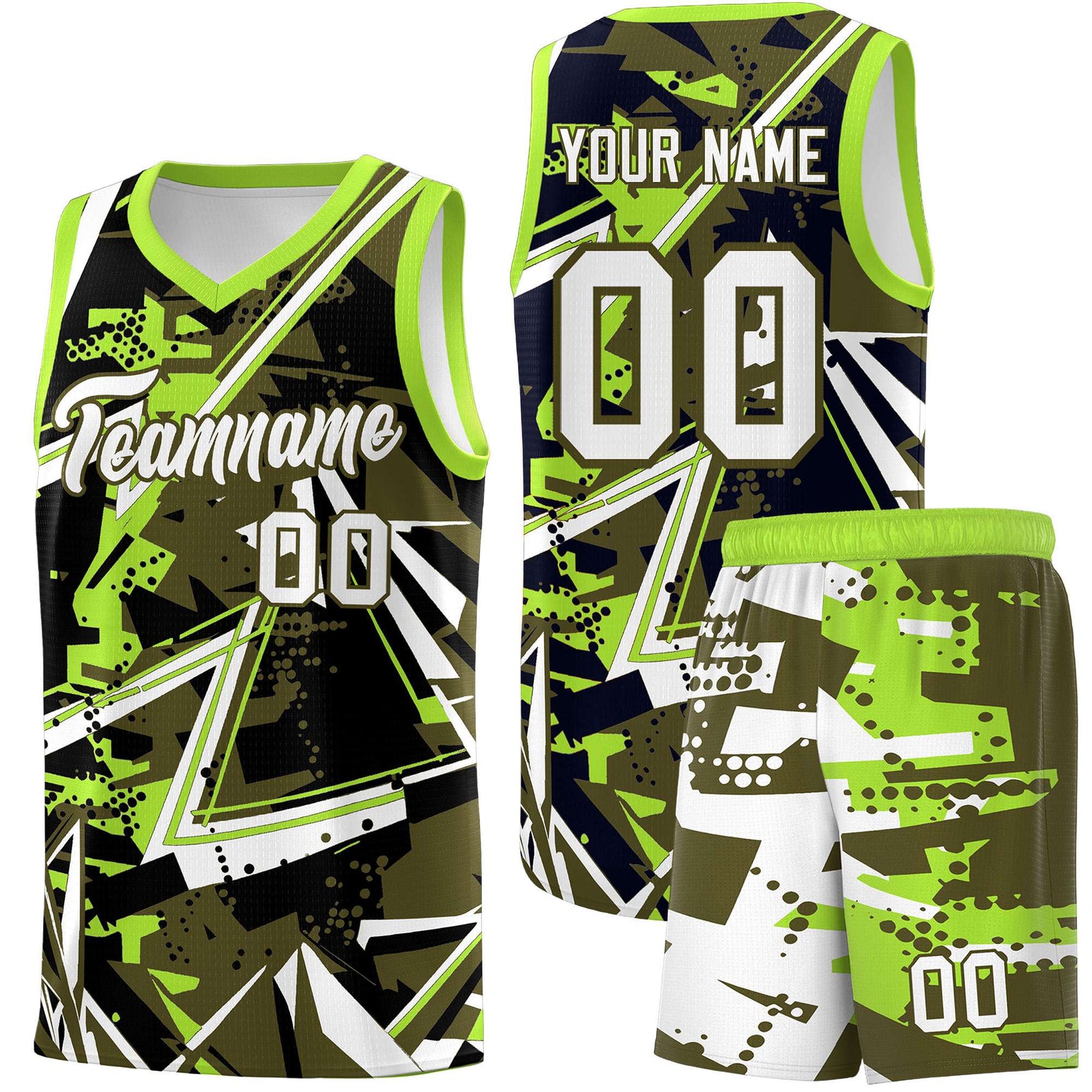 Custom Youth Basketball Jerseys Olive Neon Green Abstract Graffiti Personalized Street Style Uniform