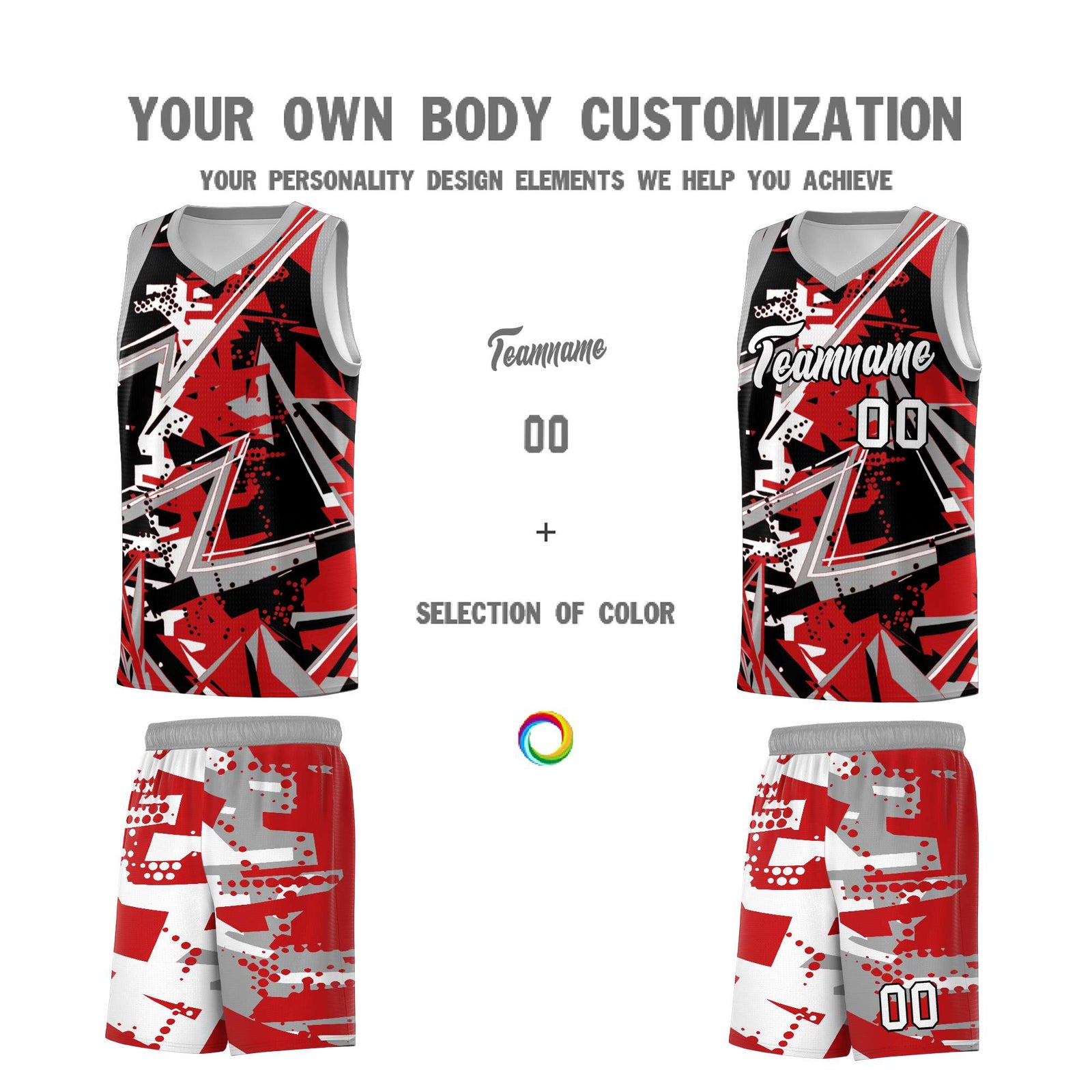 Custom Youth Basketball Jerseys Red Gray Abstract Graffiti Personalized Team Name & Number