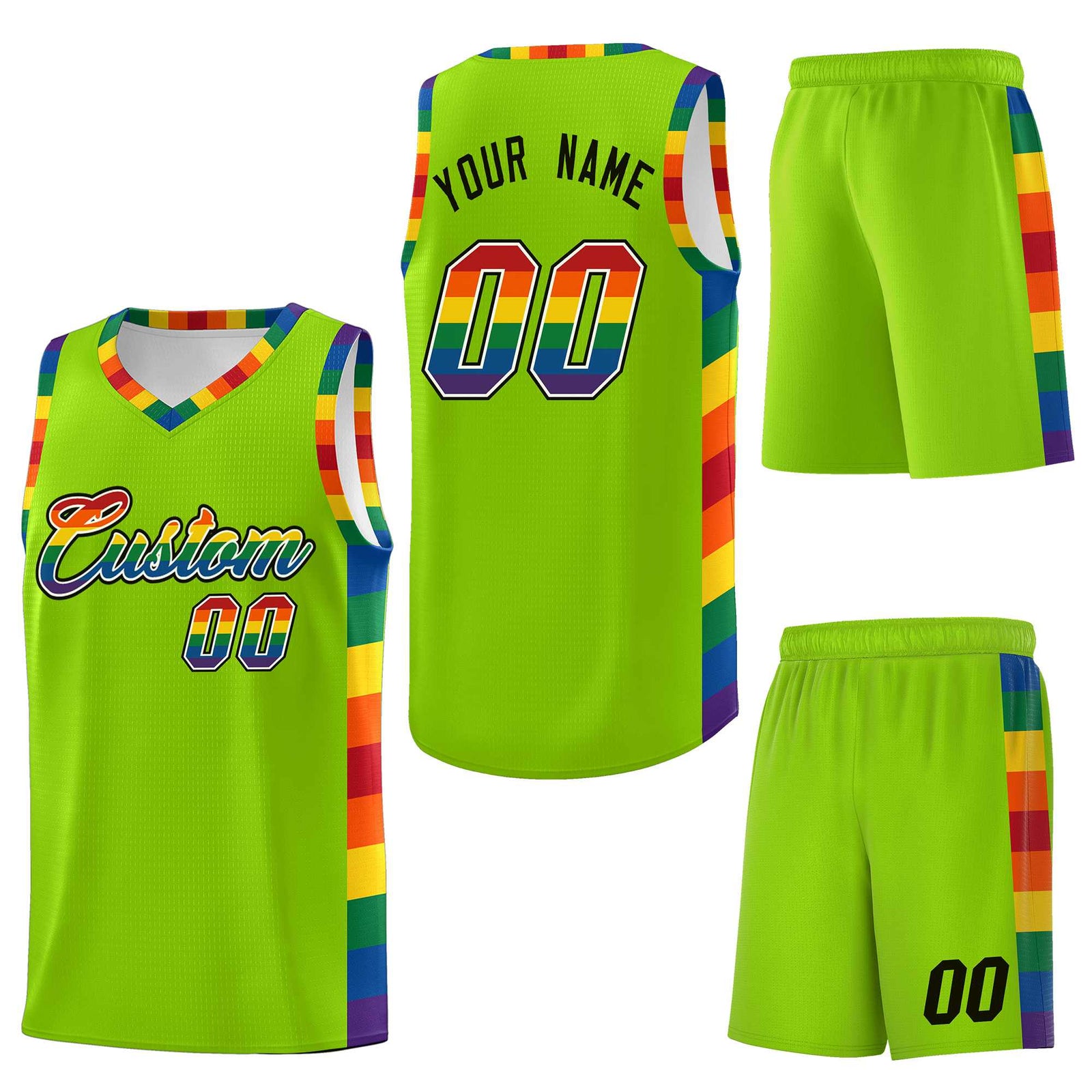 Custom Neon Green LGBT Rainbow For Pride Month Sports Uniform Basketball Jersey