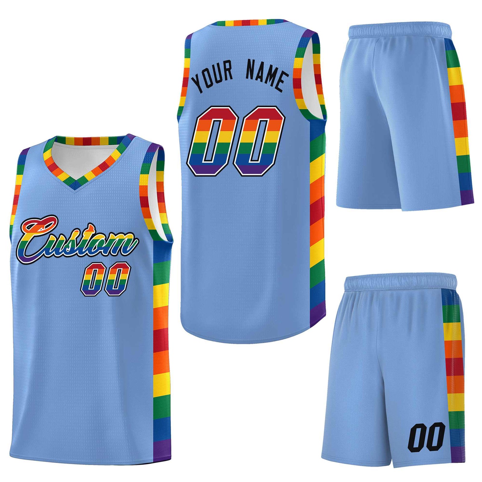 Custom Light Blue LGBT Rainbow For Pride Month Sports Uniform Basketball Jersey