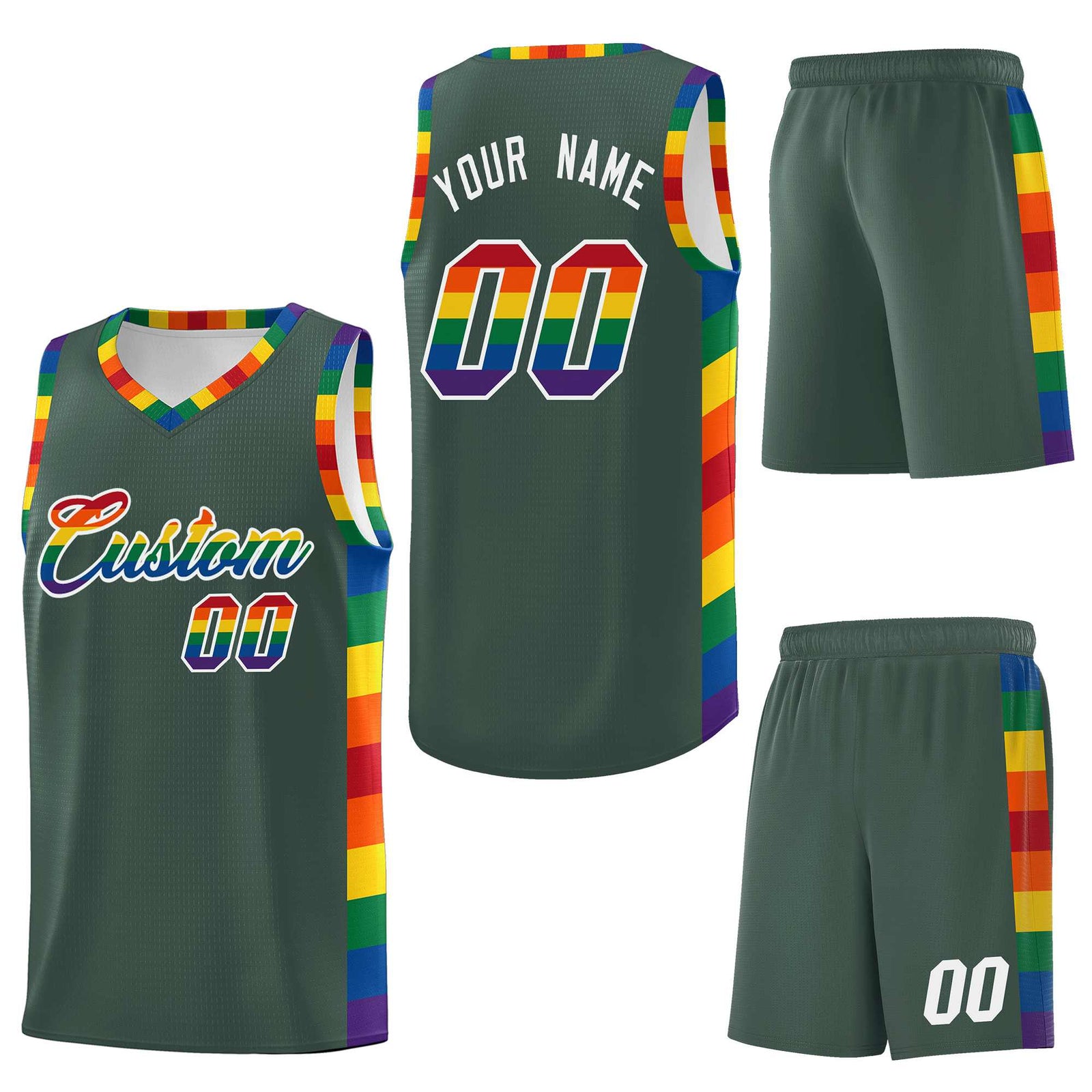Custom Hunter Green LGBT Rainbow For Pride Month Sports Uniform Basketball Jersey