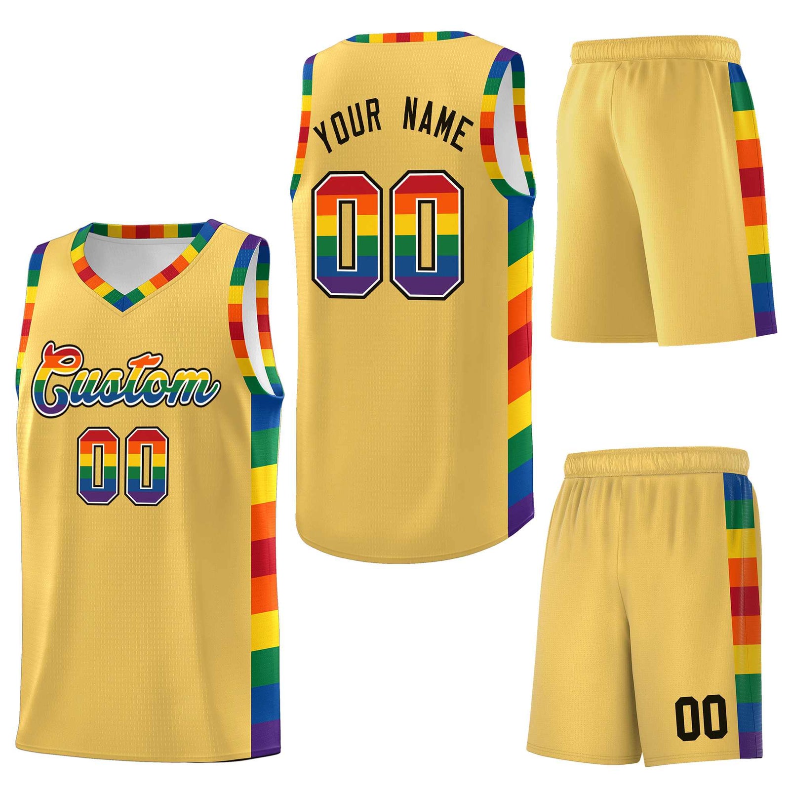 Custom Old Gold LGBT Rainbow For Pride Month Sports Uniform Basketball Jersey