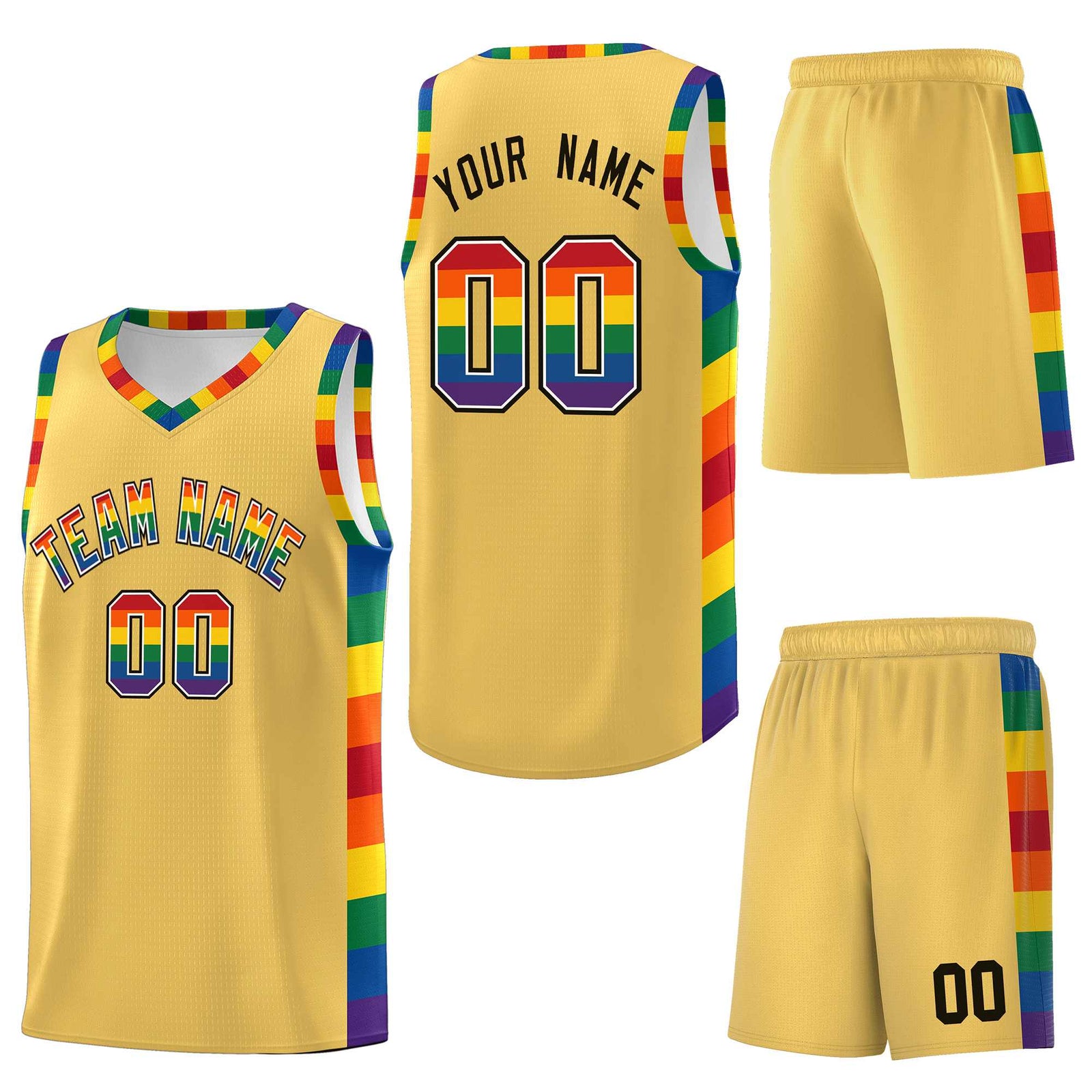 Custom Old Gold LGBT Rainbow For Pride Month Sports Uniform Basketball Jersey