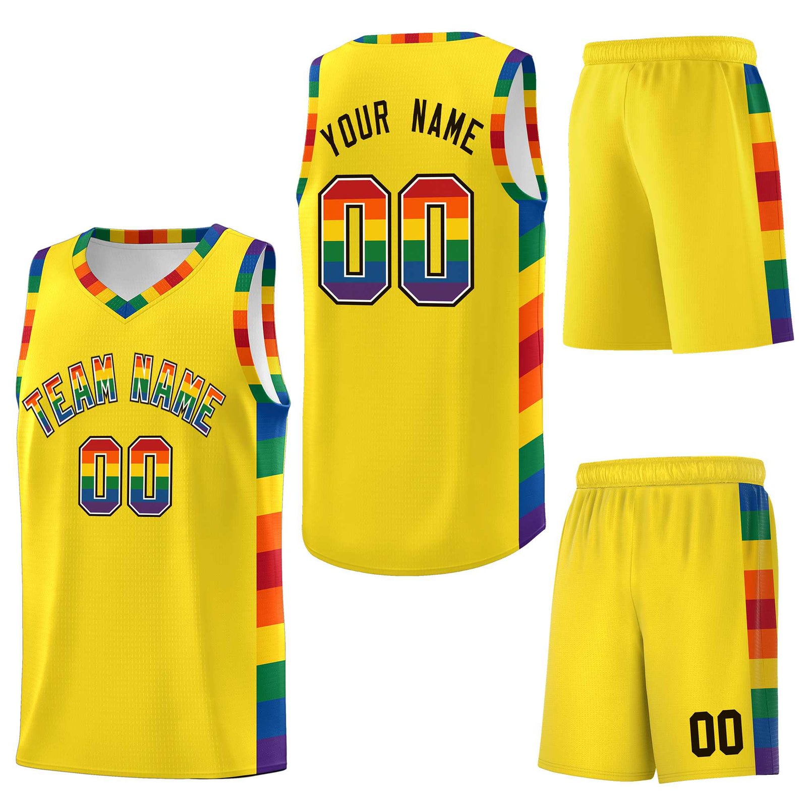 Custom Yellow LGBT Rainbow For Pride Month Sports Uniform Basketball Jersey