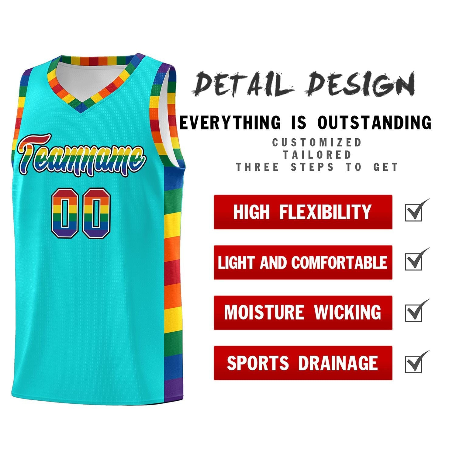 Custom Sky Blue LGBT Rainbow For Pride Month Sports Uniform Basketball Jersey