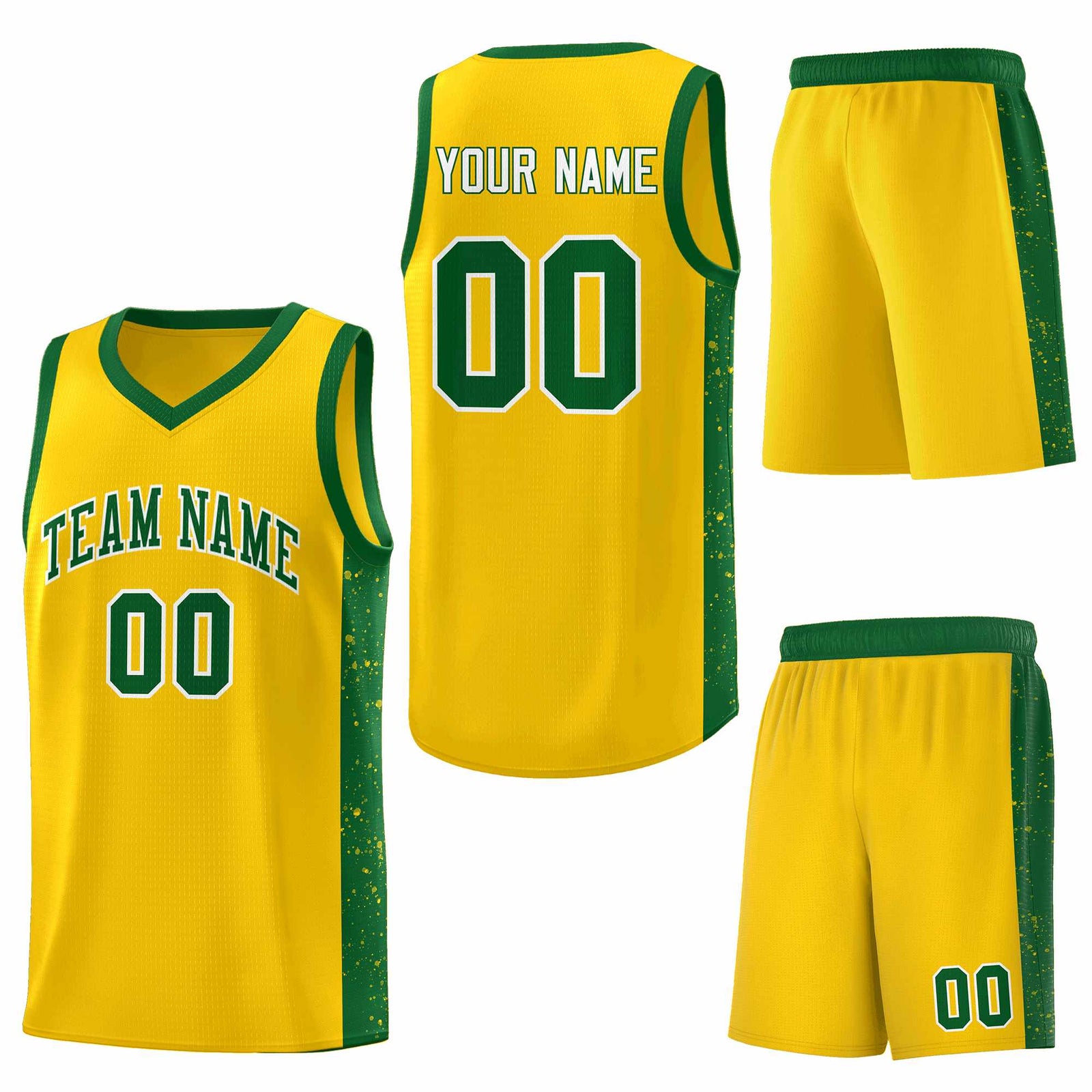 Custom Gold Green-White Side Splash Sports Uniform Basketball Jersey