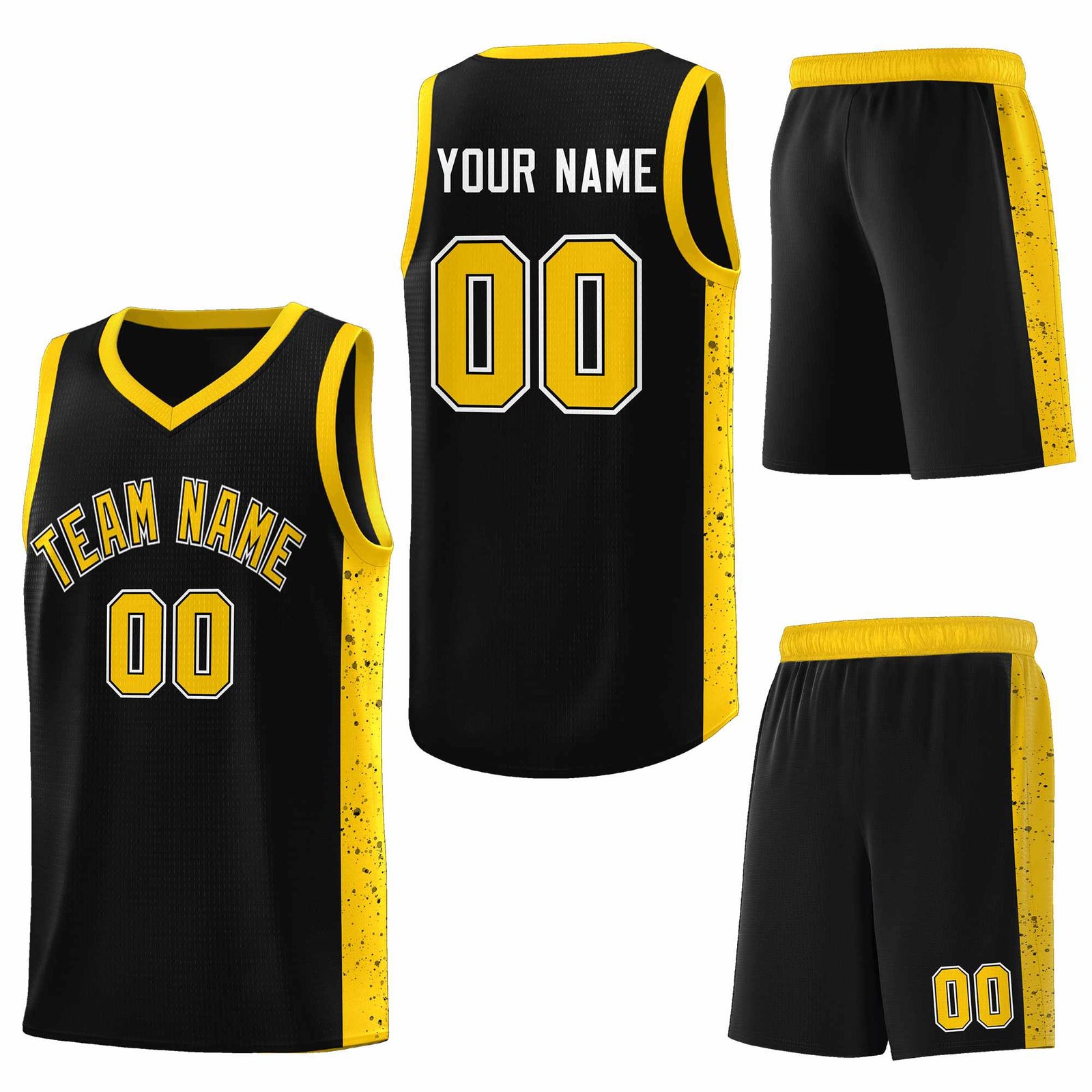 Custom Black Gold Side Splash Sports Uniform Basketball Jersey