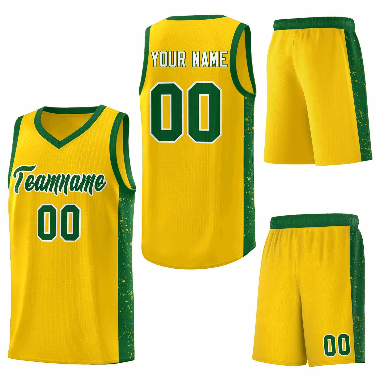 Custom Gold Green-White Side Splash Sports Uniform Basketball Jersey