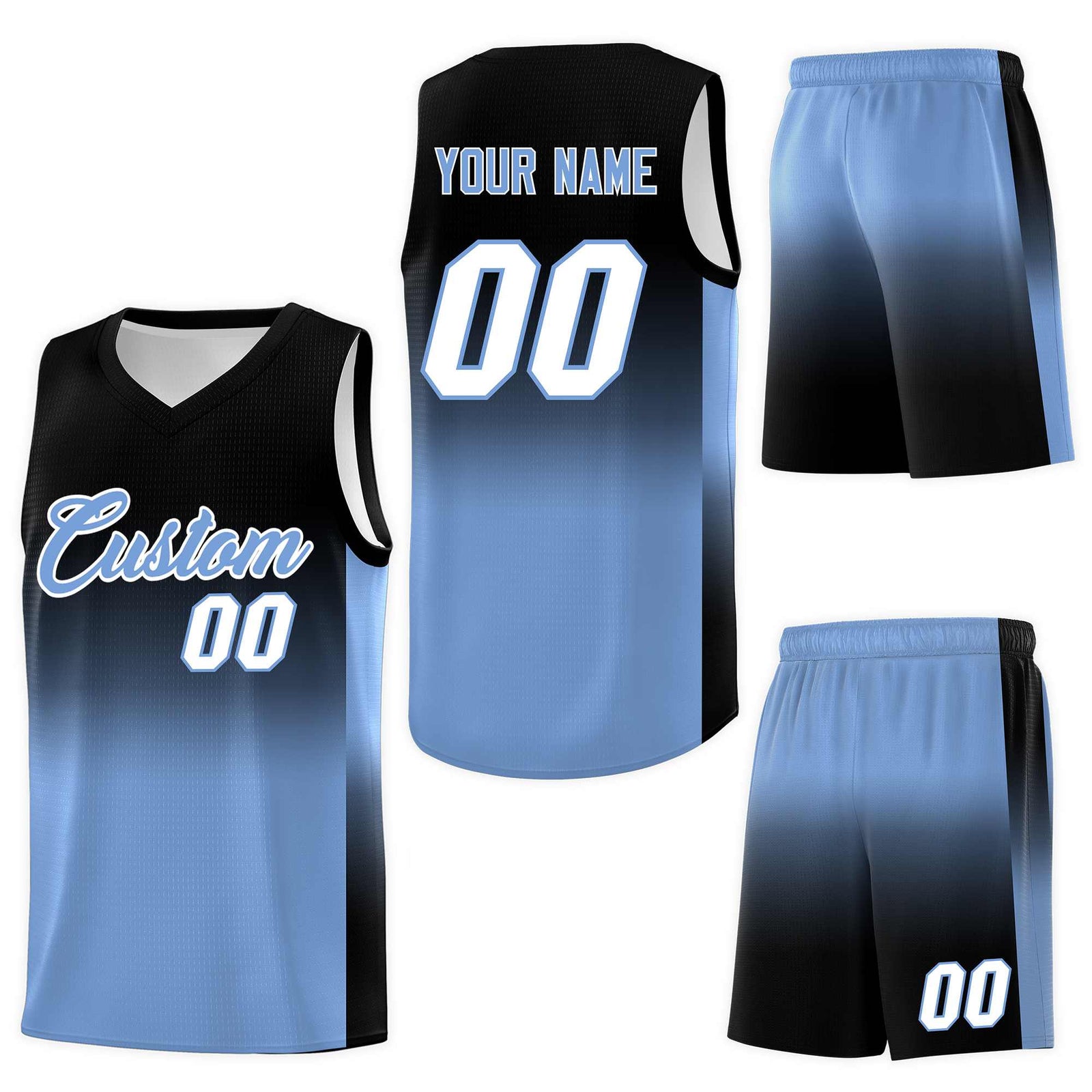 Custom Black Light Blue Gradient Fashion Sets Sports Uniform Basketball Jersey