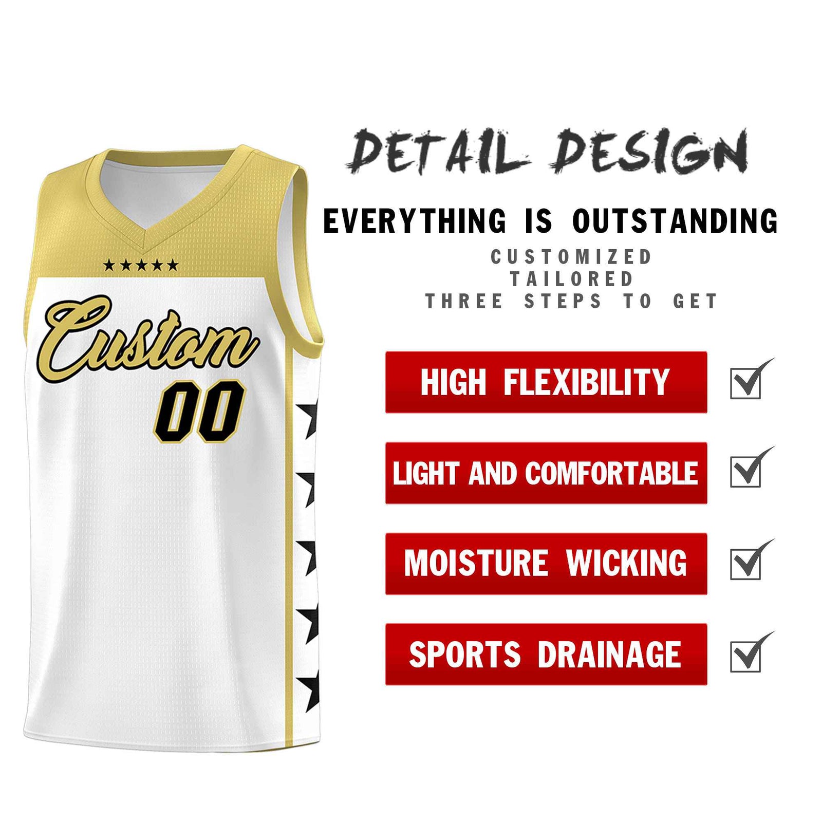 Custom White Old Gold Color Block Sets Sports Uniform Basketball Jersey