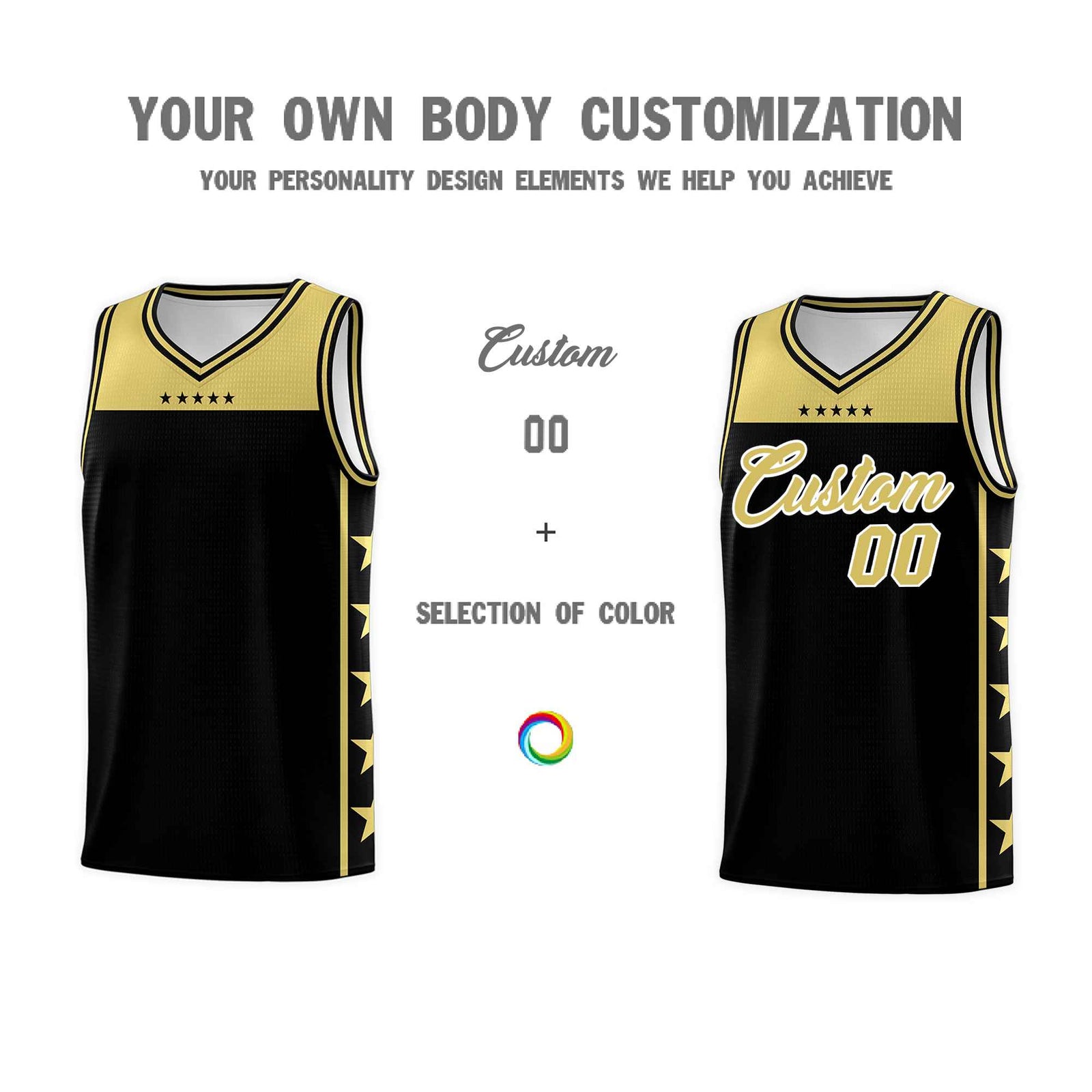Custom Black Old Gold Color Block Sets Sports Uniform Basketball Jersey