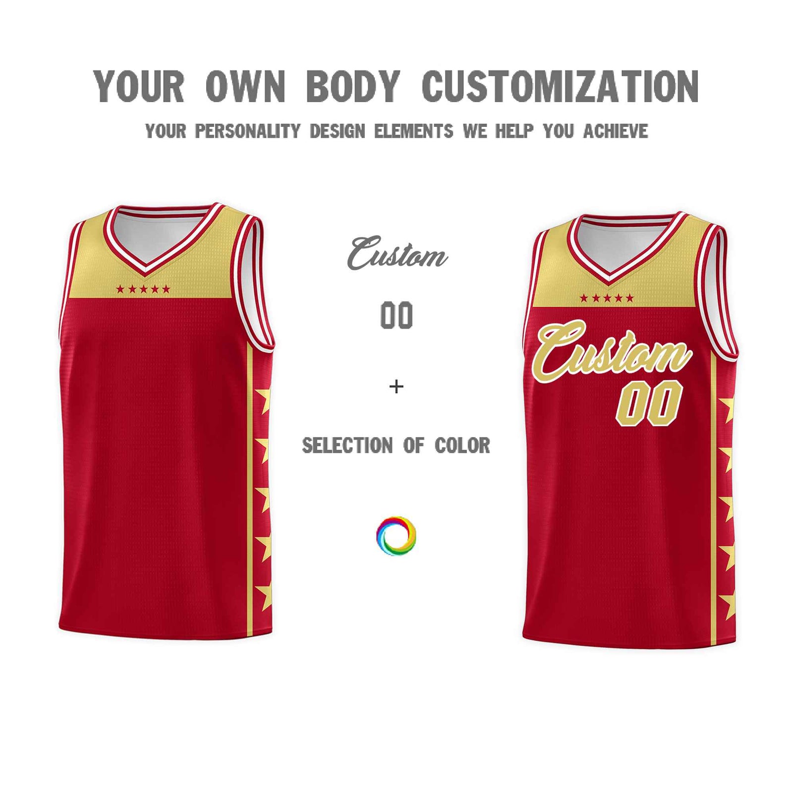 Custom Red Old Gold Color Block Sets Sports Uniform Basketball Jersey