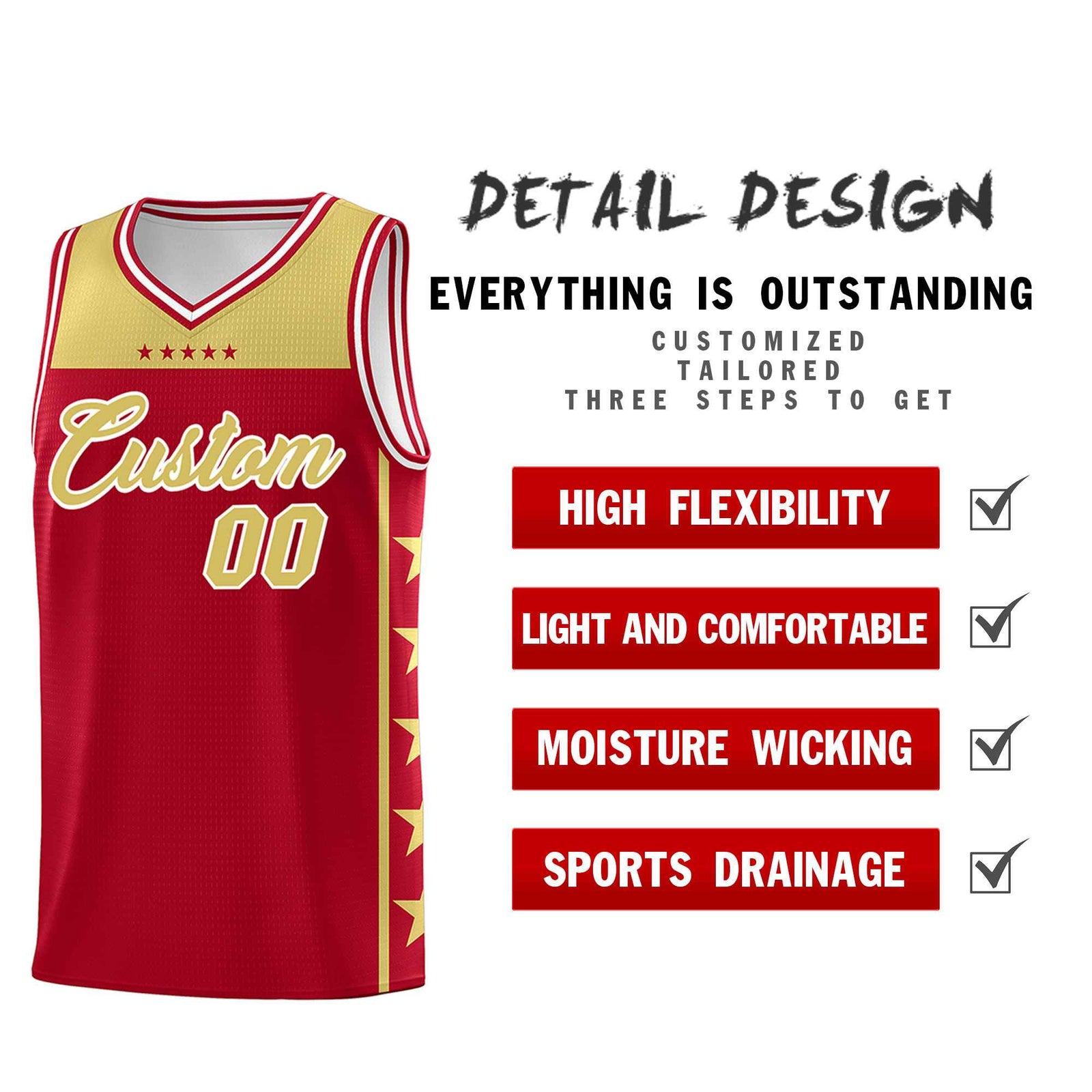 Custom Red Old Gold Color Block Sets Sports Uniform Basketball Jersey