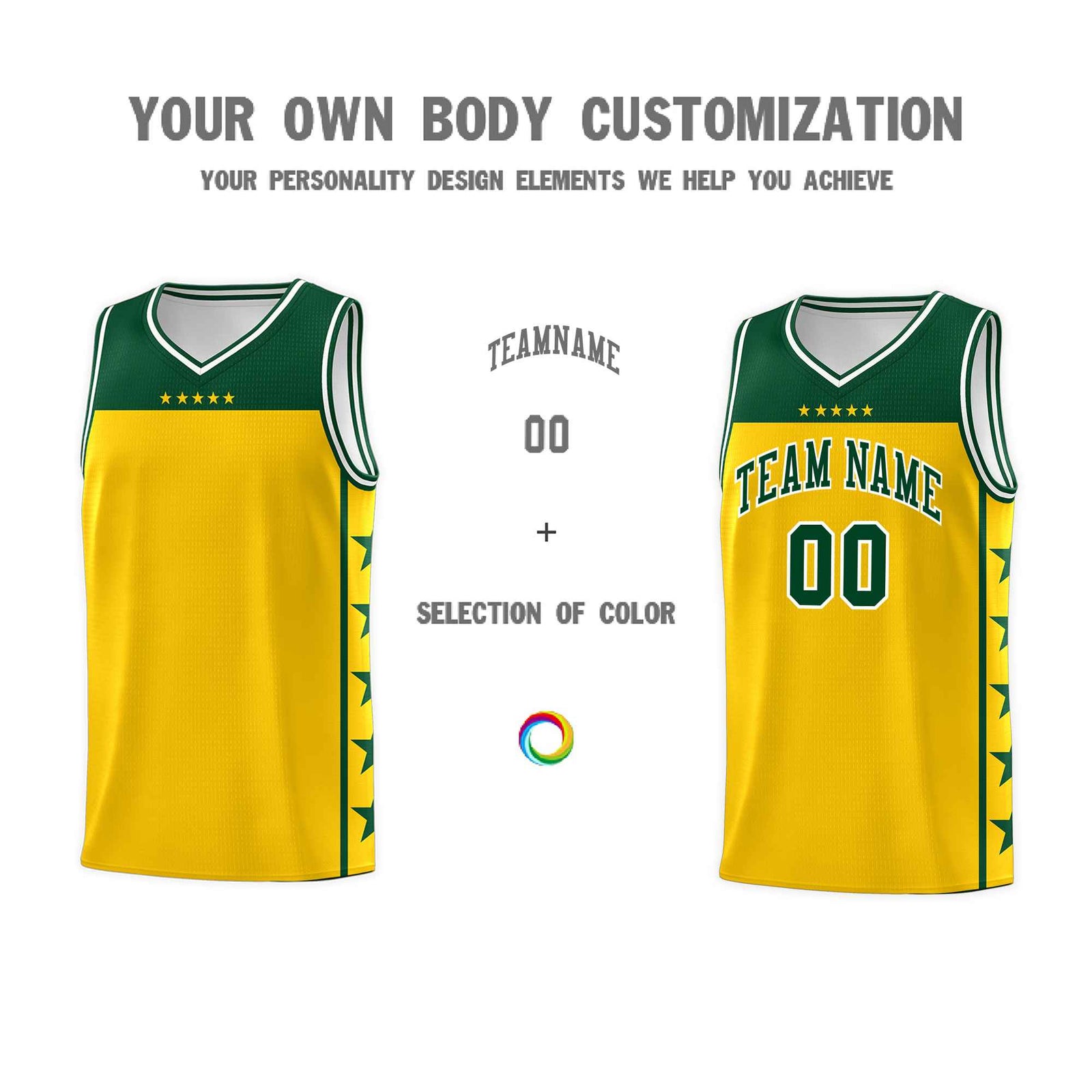 Custom Gold Kelly Green Color Block Sets Sports Uniform Basketball Jersey