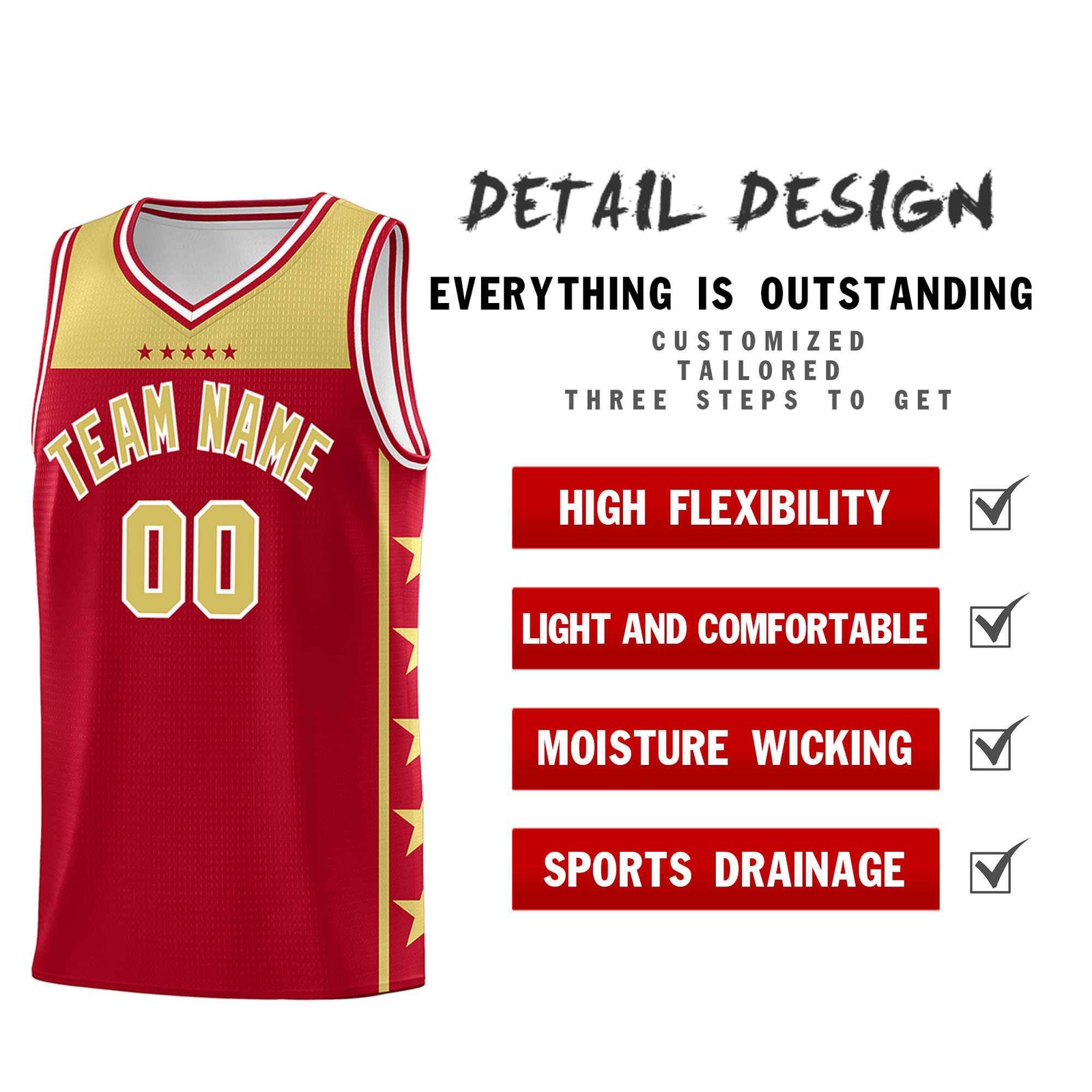 Custom Red Old Gold Color Block Sets Sports Uniform Basketball Jersey