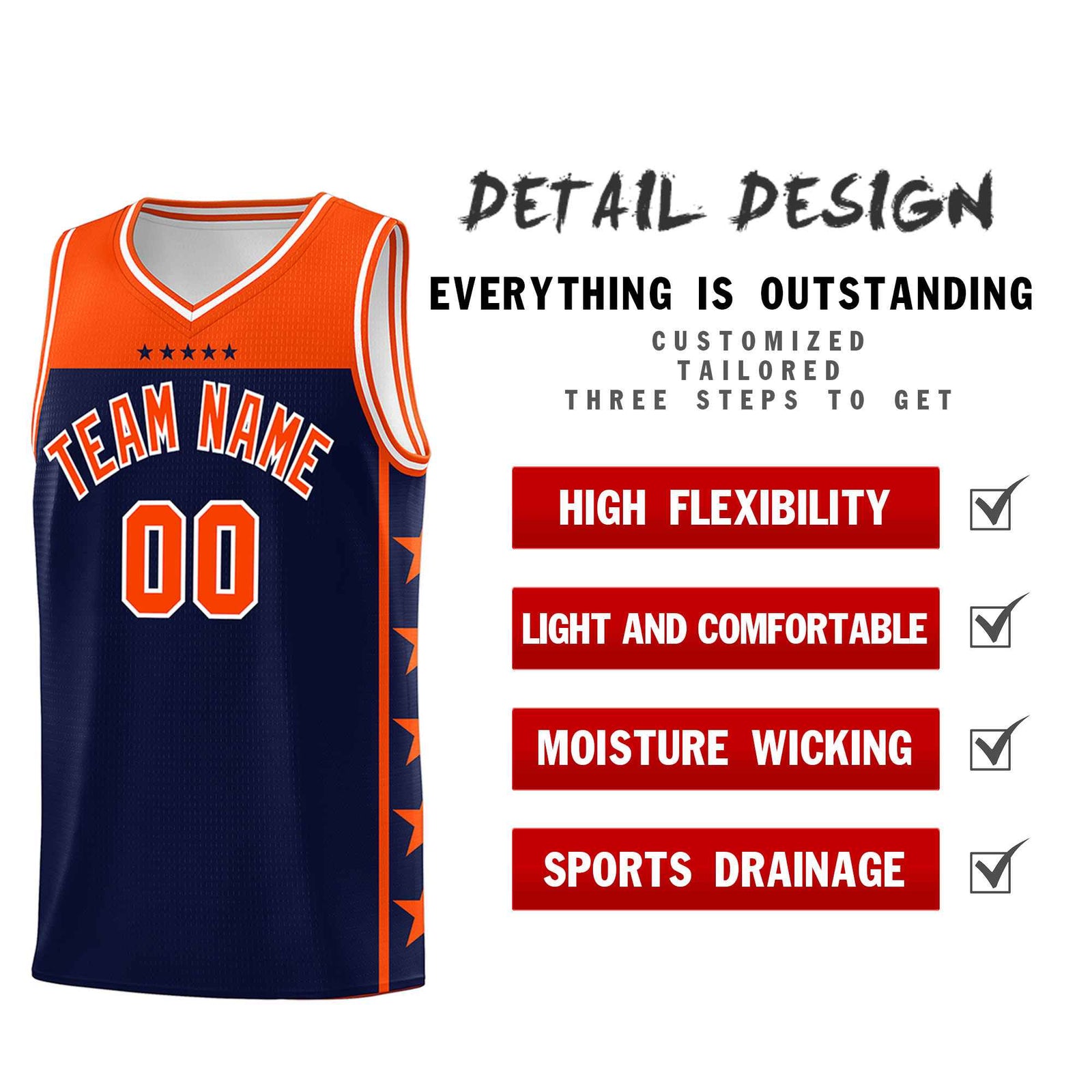 Custom Navy Orange Color Block Sets Sports Uniform Basketball Jersey