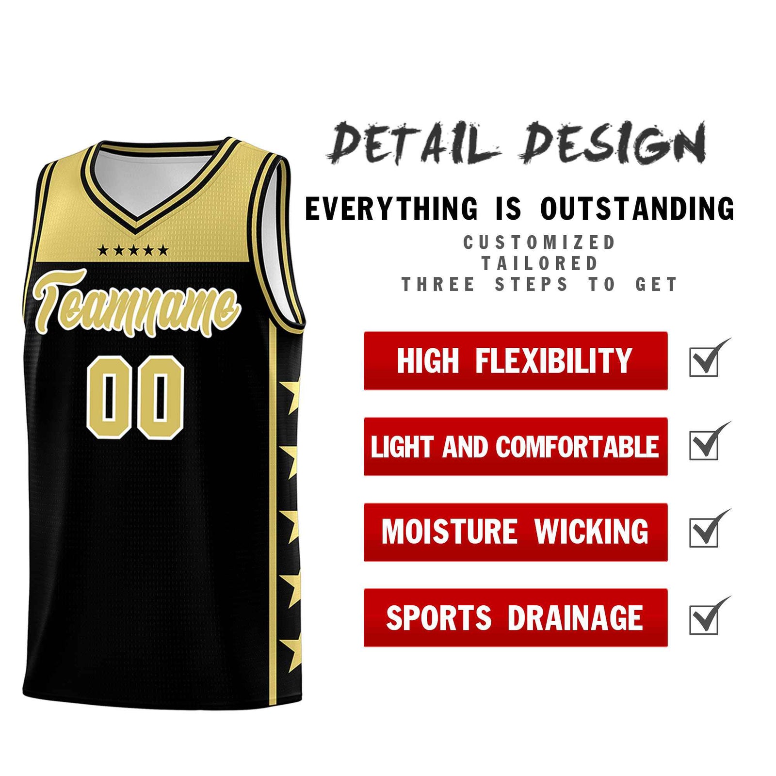 Custom Black Old Gold Color Block Sets Sports Uniform Basketball Jersey