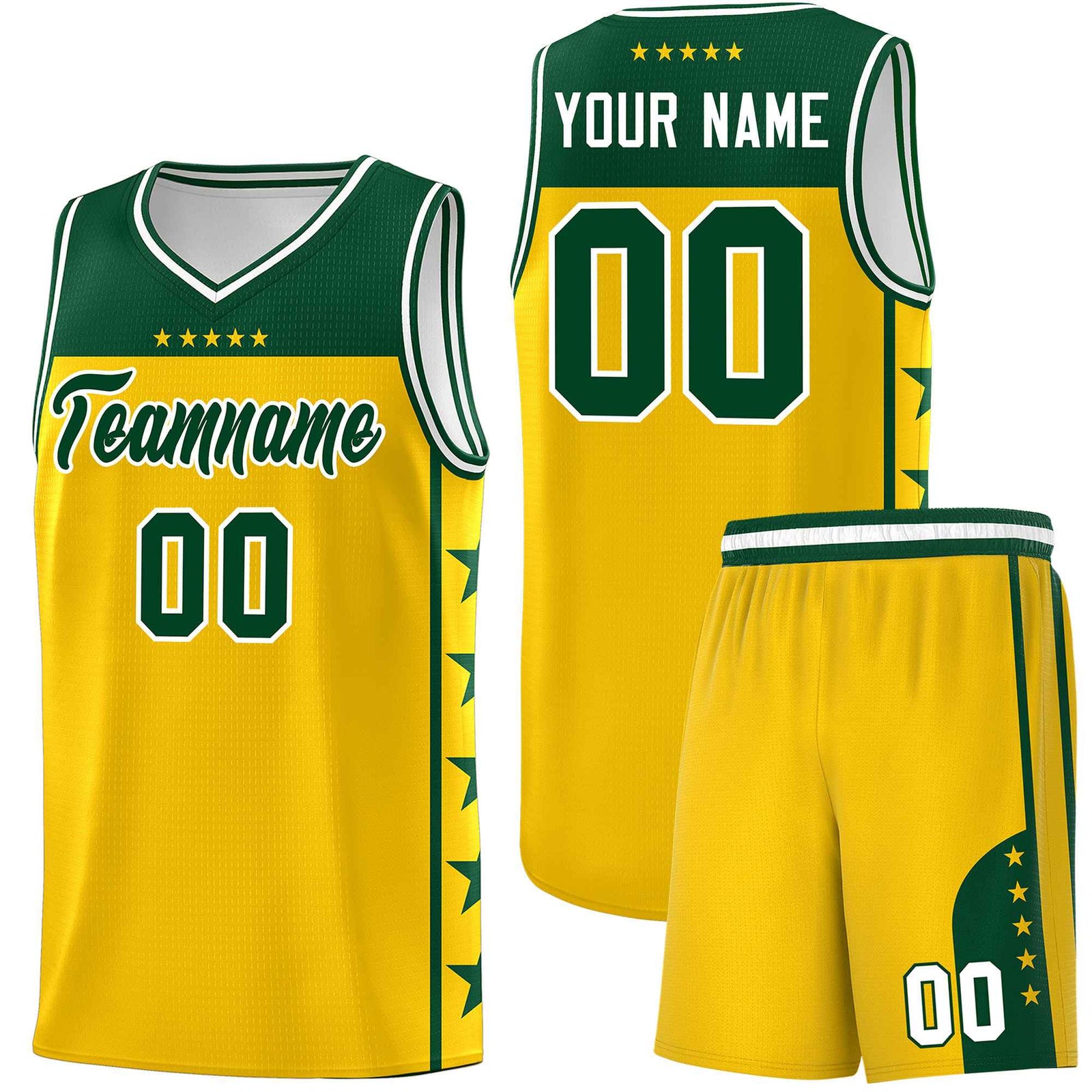 Custom Gold Kelly Green Color Block Sets Sports Uniform Basketball Jersey