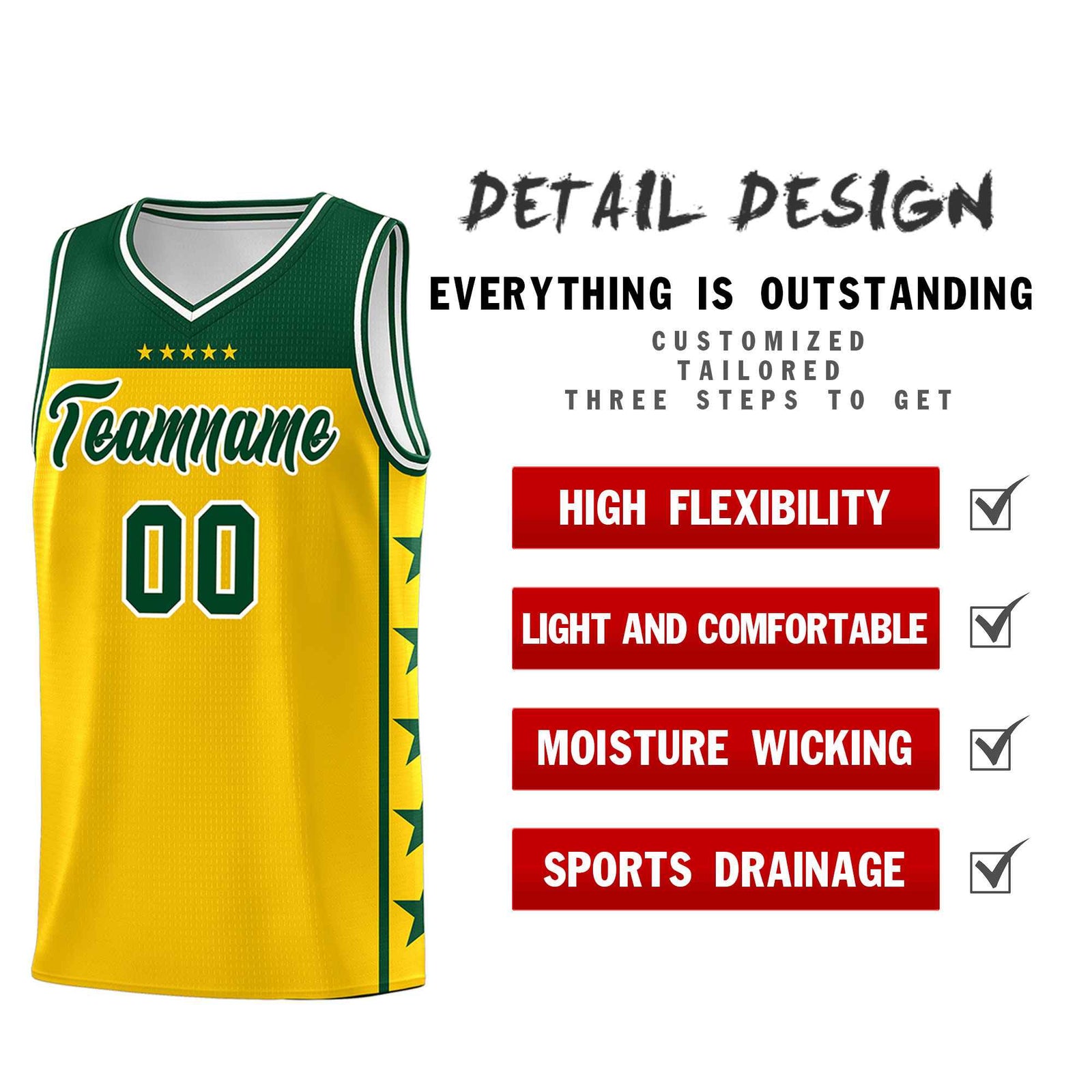 Custom Gold Kelly Green Color Block Sets Sports Uniform Basketball Jersey