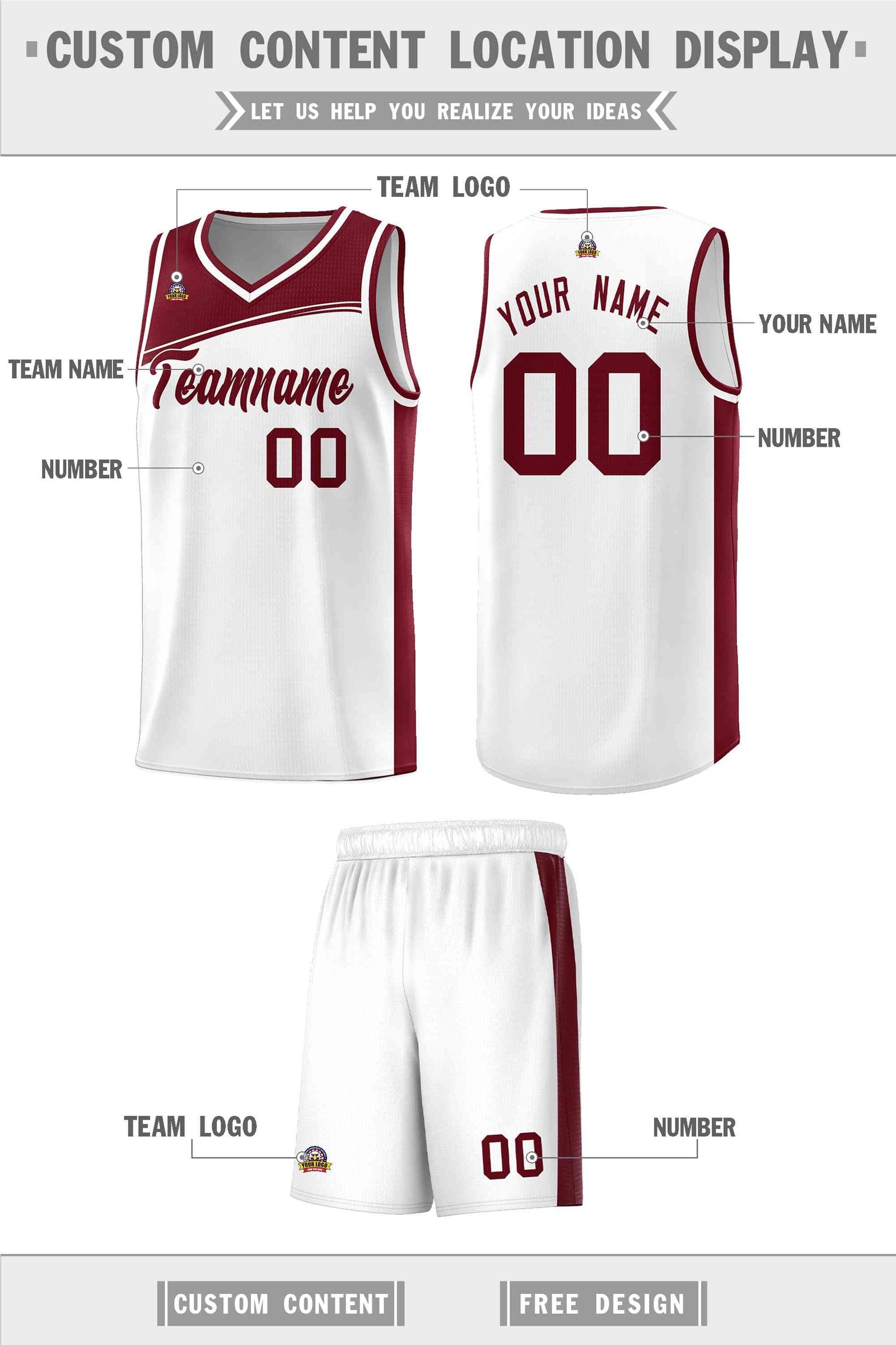 Custom White Crimson Color Block Sports Uniform Basketball Jersey