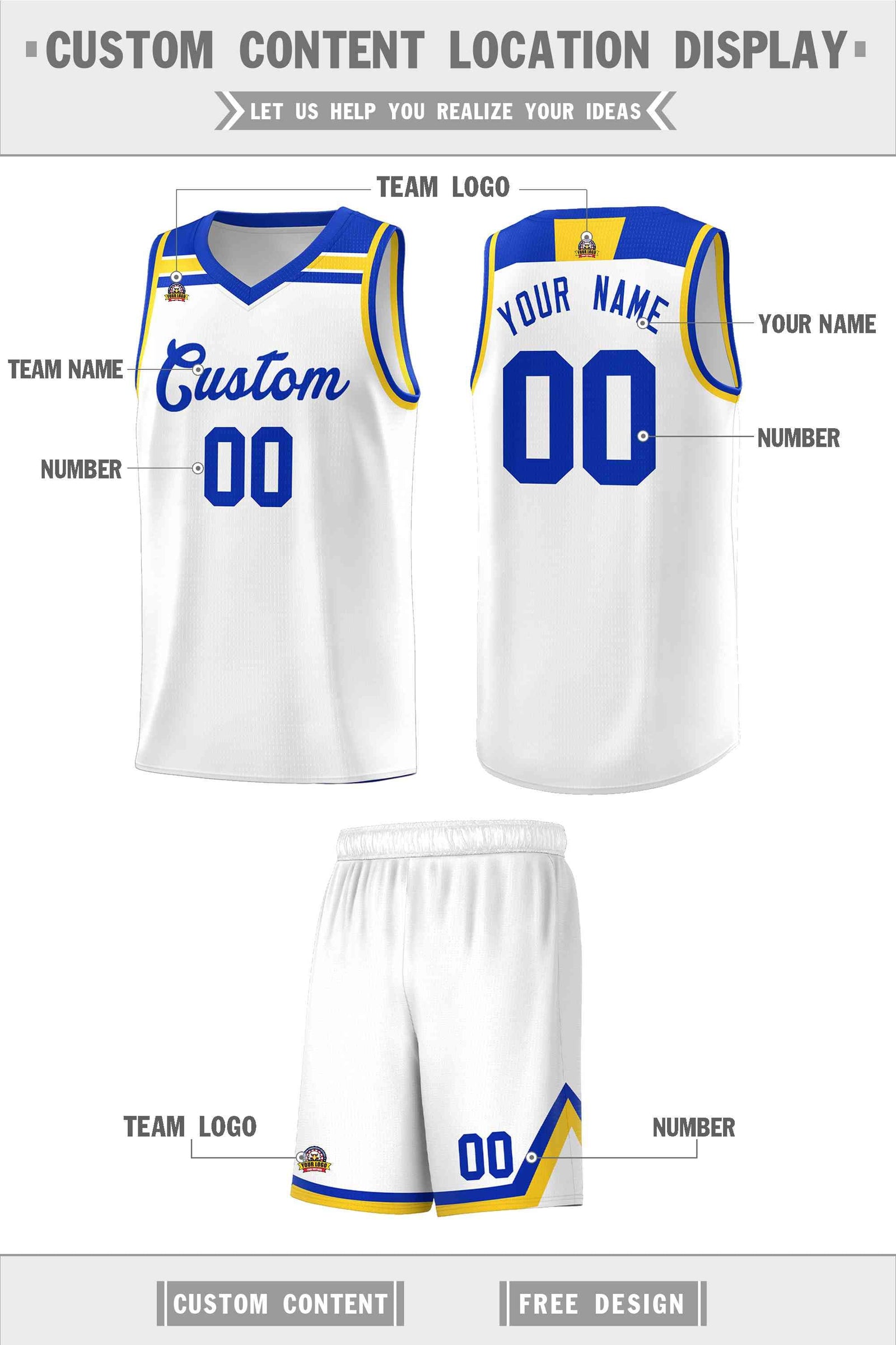 Custom Basketball Uniform White Royal-Gold Classic Sports Uniform Basketball Jersey | KXKSHOP