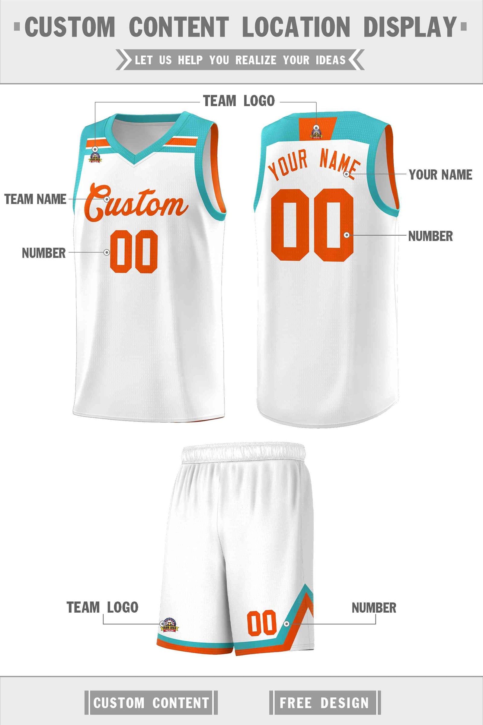 Custom Basketball Uniform White Orange-Aqua Classic Sports Uniform Basketball Jersey | KXKSHOP