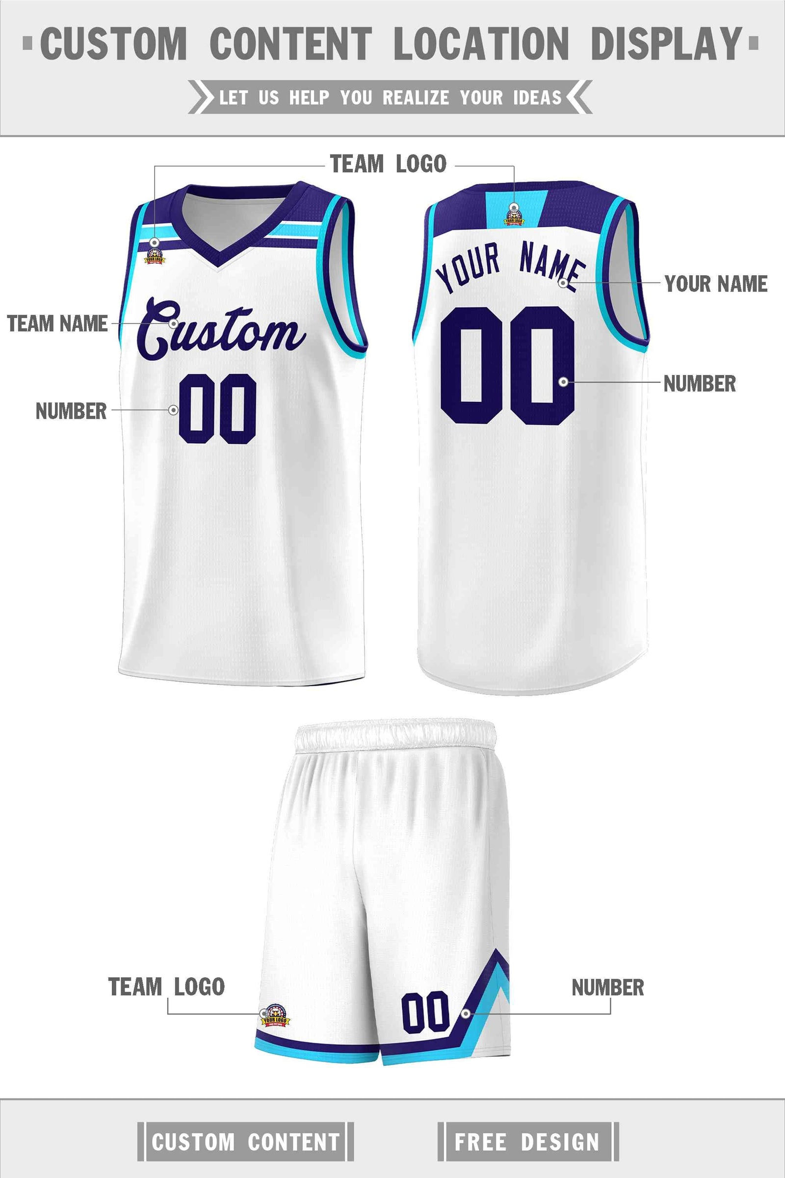 Custom Basketball Uniform White Purple-Sky Blue Classic Sports Uniform Basketball Jersey | KXKSHOP