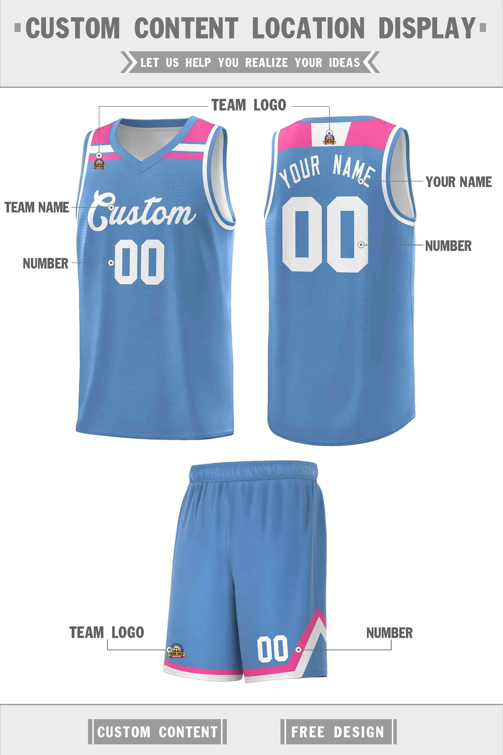 Custom Basketball Uniform Light Blue White-Pink Classic Sports Uniform Basketball Jersey | KXKSHOP