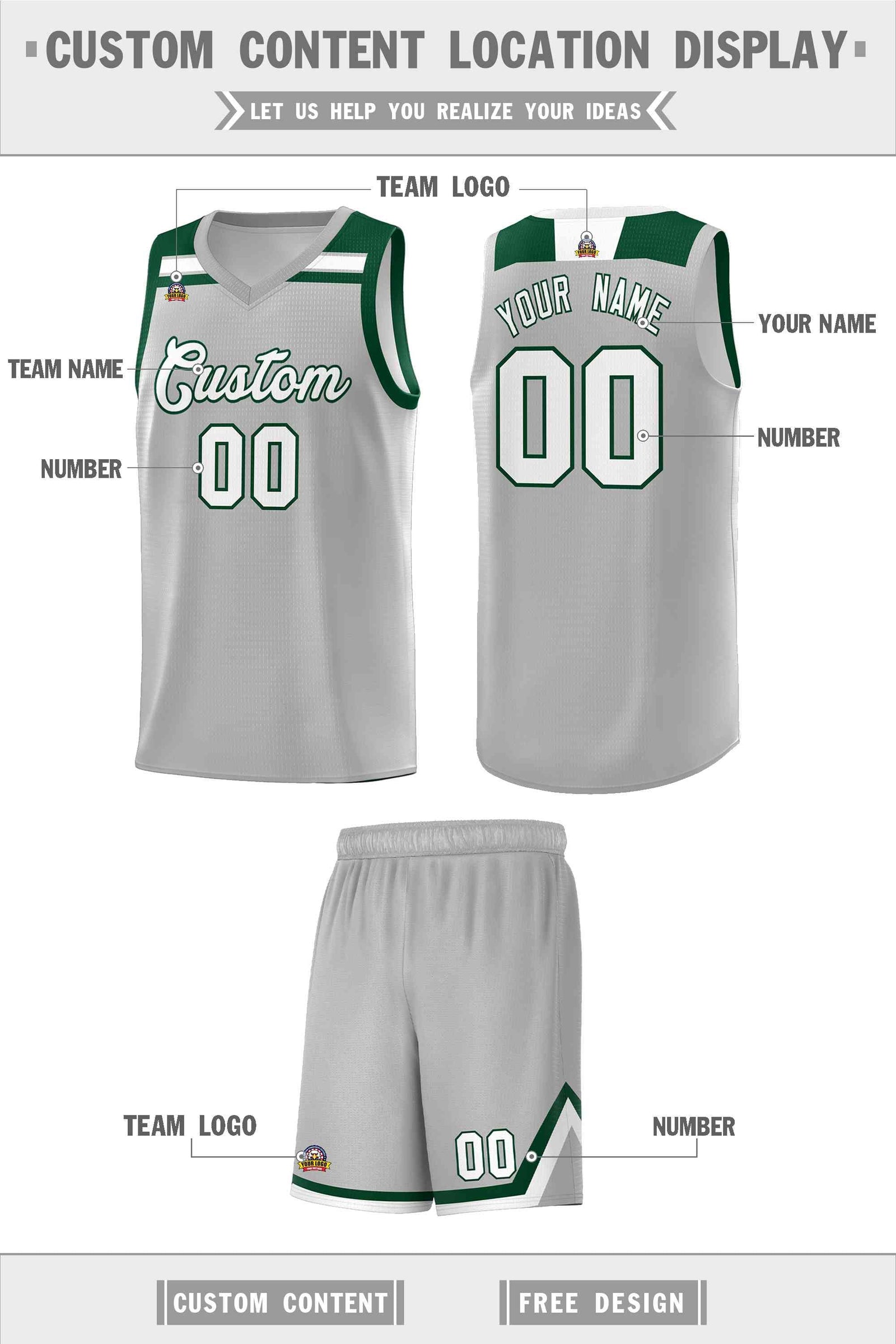 Custom Basketball Uniform Gray White-Green Classic Sports Uniform Basketball Jersey | KXKSHOP