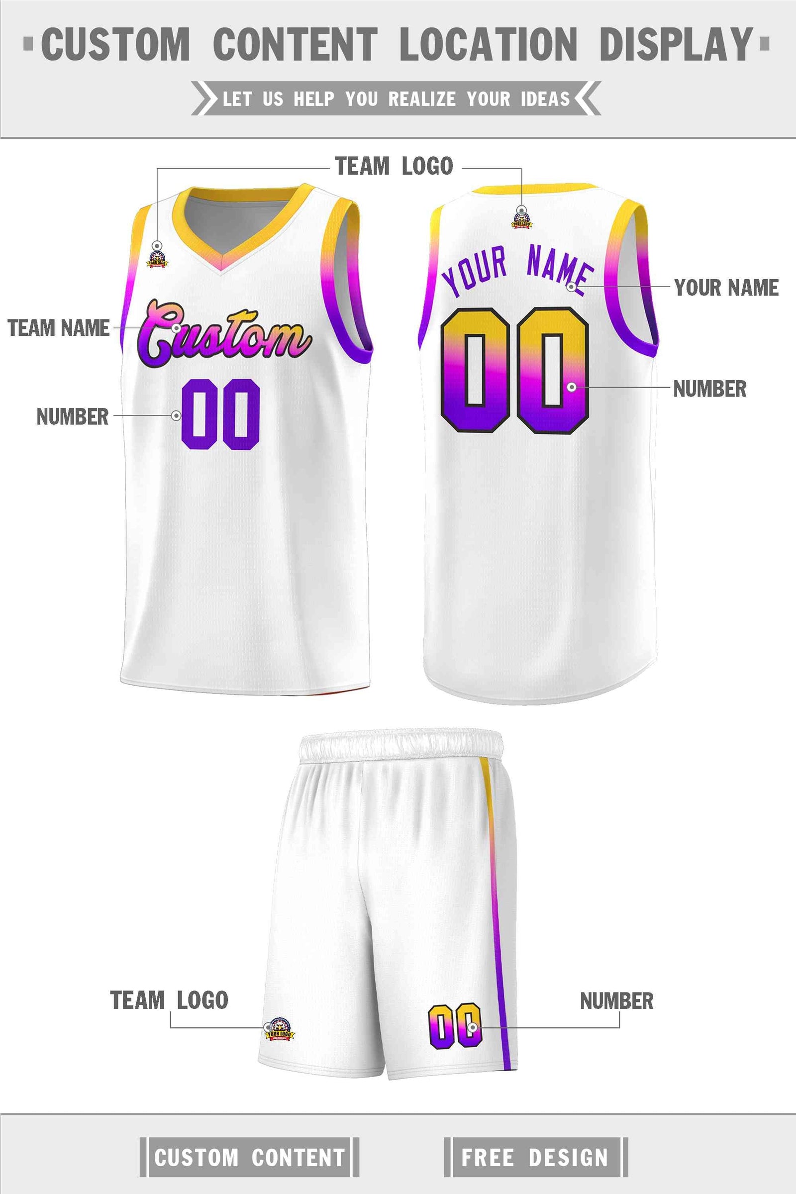 Custom Basketball Uniform White Personalized Gradient Font Sports Uniform Basketball Jersey | KXKSHOP