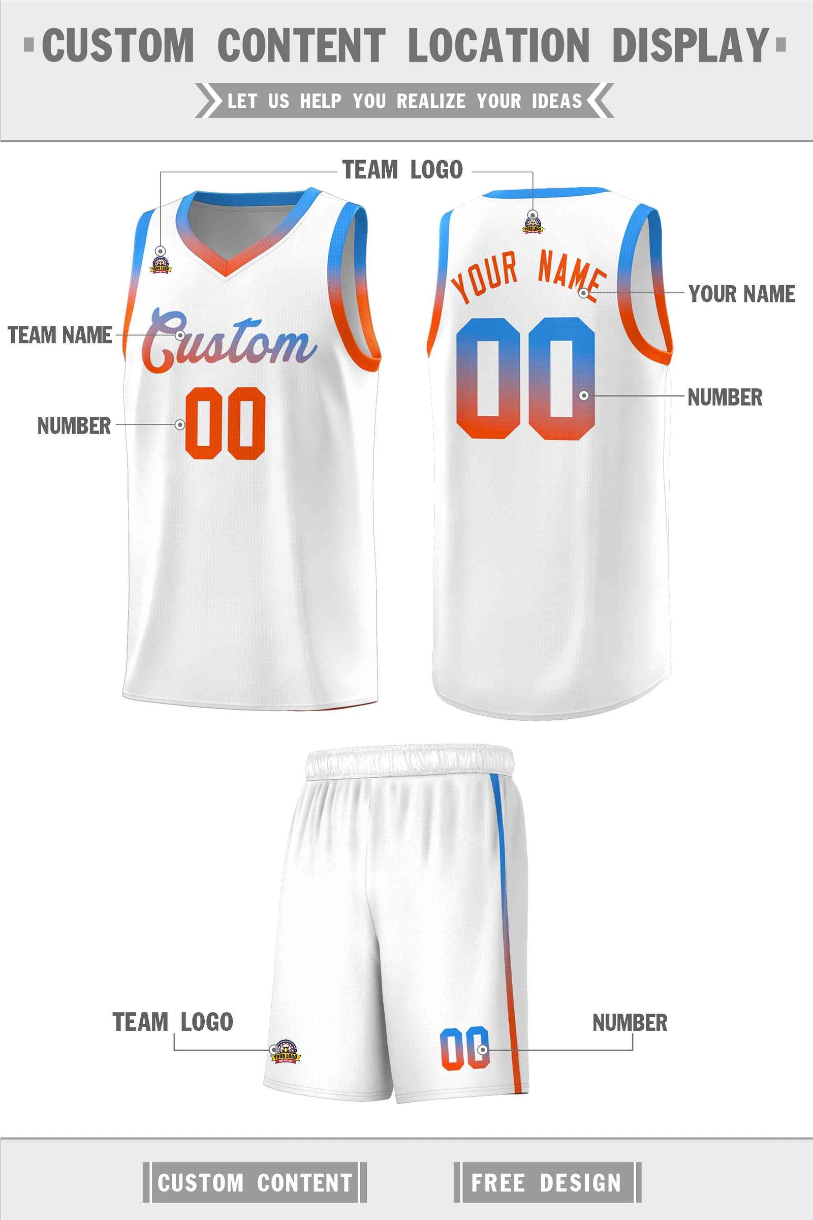 Custom Basketball Uniform White Personalized Gradient Font Sports Uniform Basketball Jersey | KXKSHOP